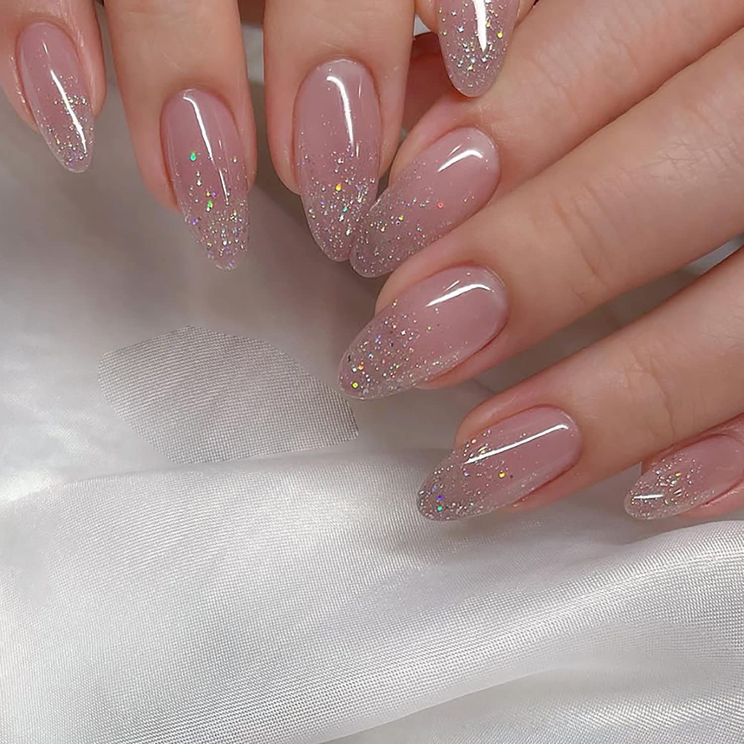 24 Piece Almond Shaped Pink Glitter French Tip Press Ons Fake Nails Glossy