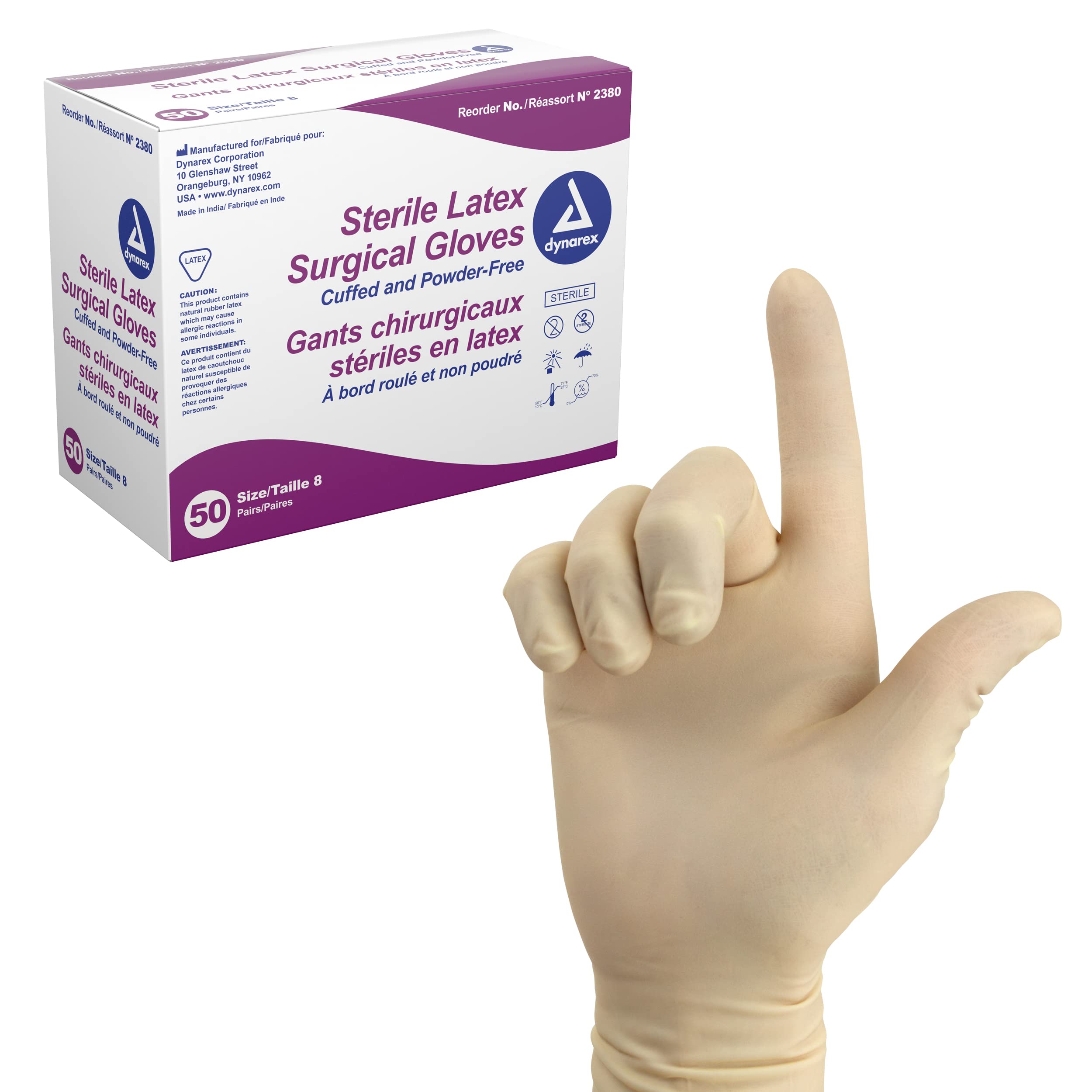 Dynarex Sterile Latex Surgical Gloves Size 8 & Powder-Free Offers Superior  Protection & Comfort for