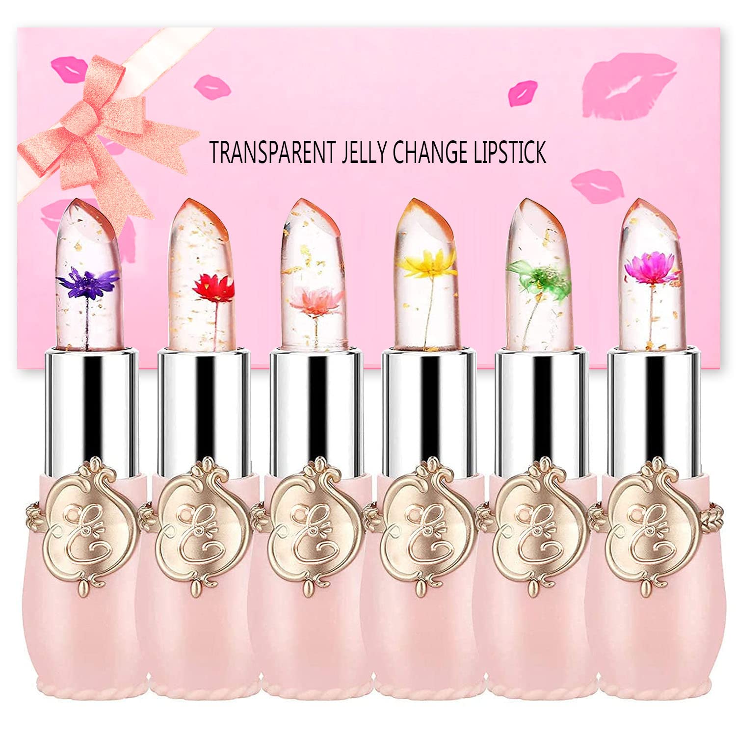 ZARICS 6 PCS Crystal Flower Lipstick Magic Color Changing Lip Gloss Set  Jelly Clear Flower Lip