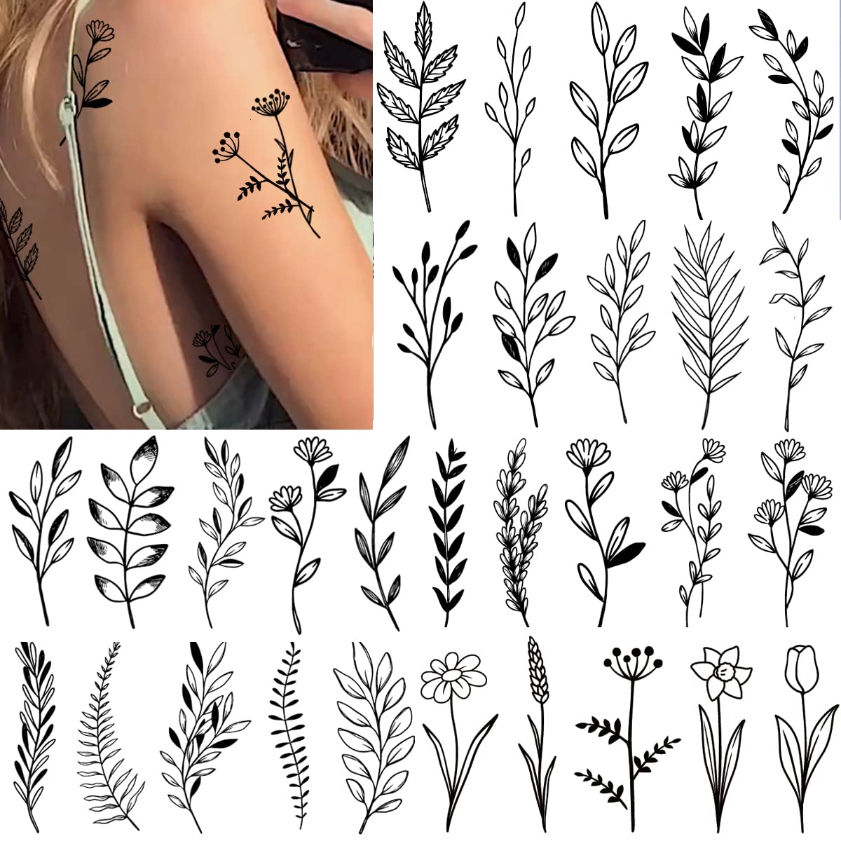 JOEHAPY 19 Sheets Realistic Sexy Flower Temporary Tattoos For Women Neck  Arm Girls Black Waterproof Small Fake Tattoo Sticker Tiny Branch Floral  Sunflower Wild Plants Sketch Tatoo Sets Kits For Adults :