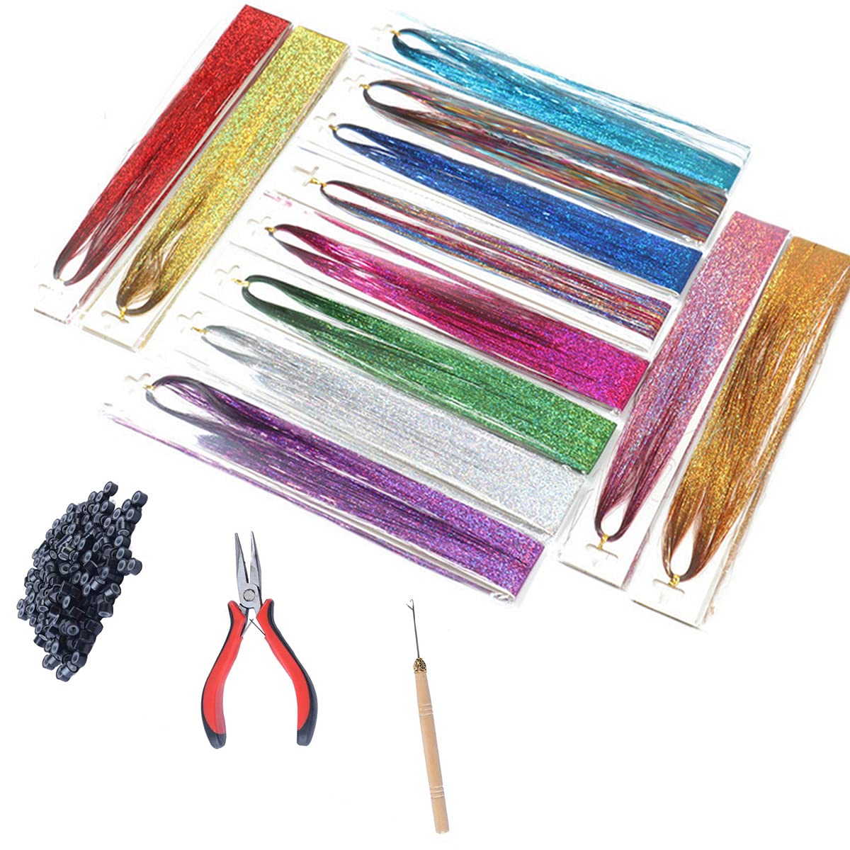 Hair Tinsel Strands,12 Colors 3200 Strands 46inches Glitter Hair Tinsel  Extensions Pliers Pulling Hook Tool Kits Hairpin Silicone Bead Micro Rings  for Fairy Hair Tinsel Extensions 12Color-Hair Tinsel