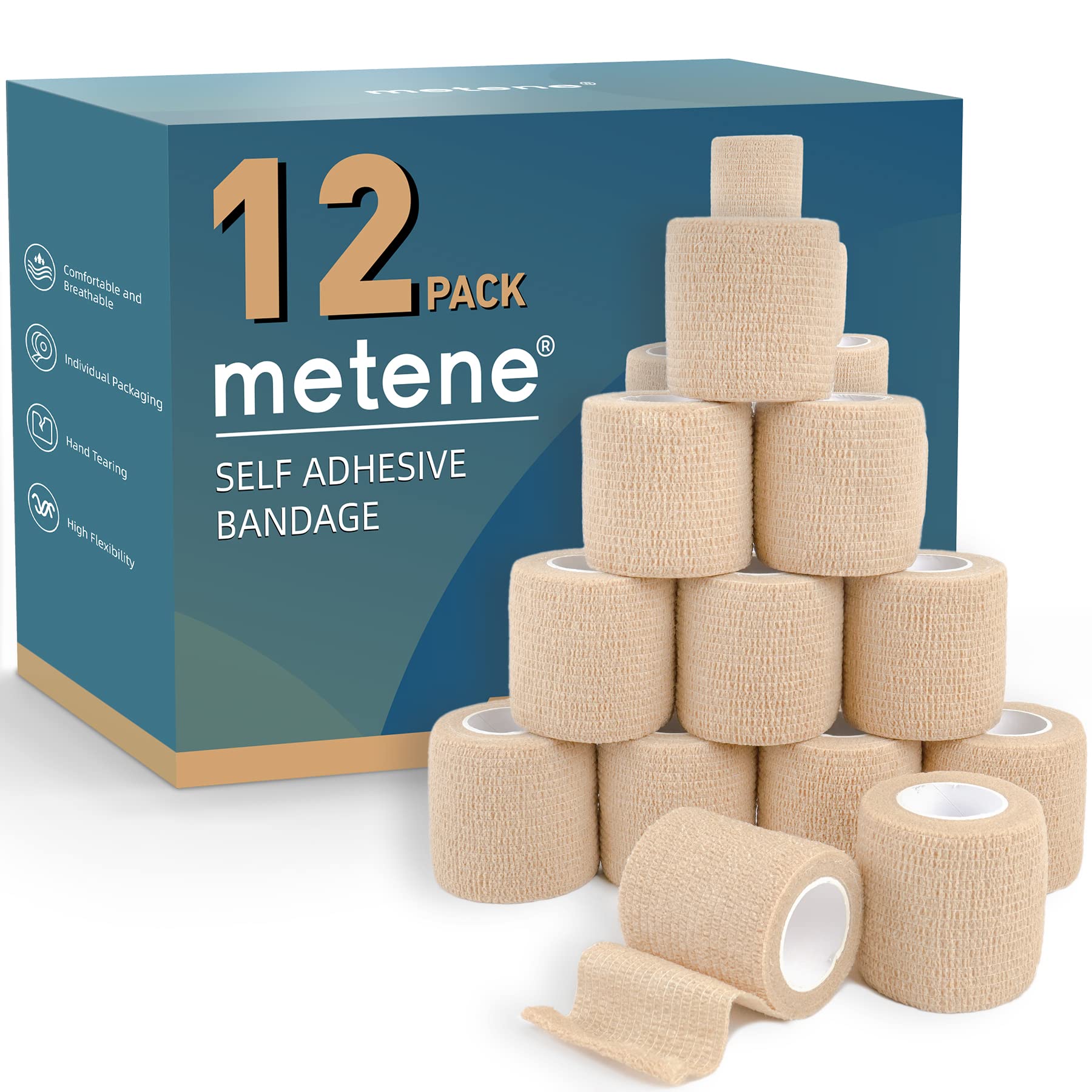 Metene Self Adhesive Bandage Wrap 12 Pack, Athletic Tape 2 Inches X 5  Yards, Sports Tape, Breathable, Waterproof, Elastic Bandage for Sports,  Wrist and Ankle Wrap Tape, Non-Woven Bandage