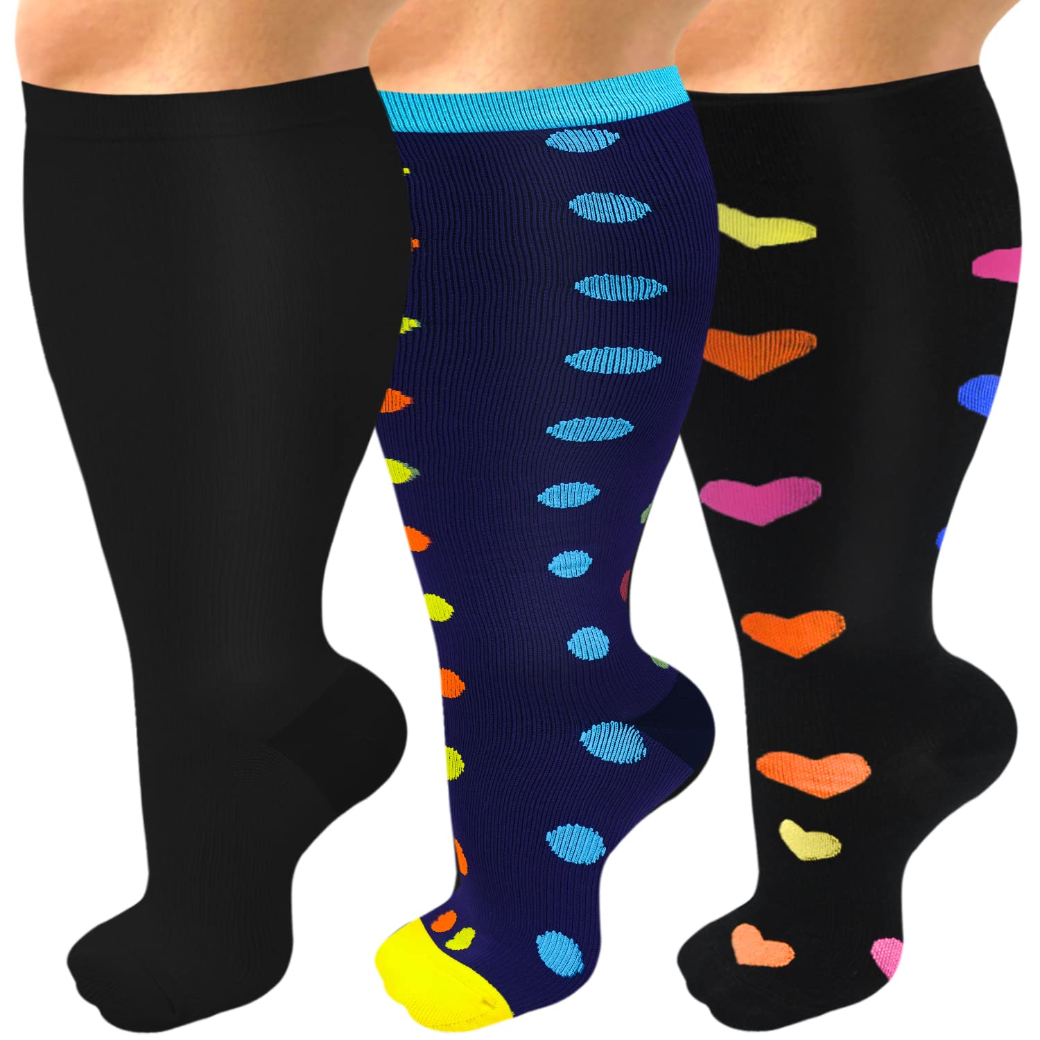 3 Pack Plus Size Compression Socks for Women and Men, 20-30 mmHg