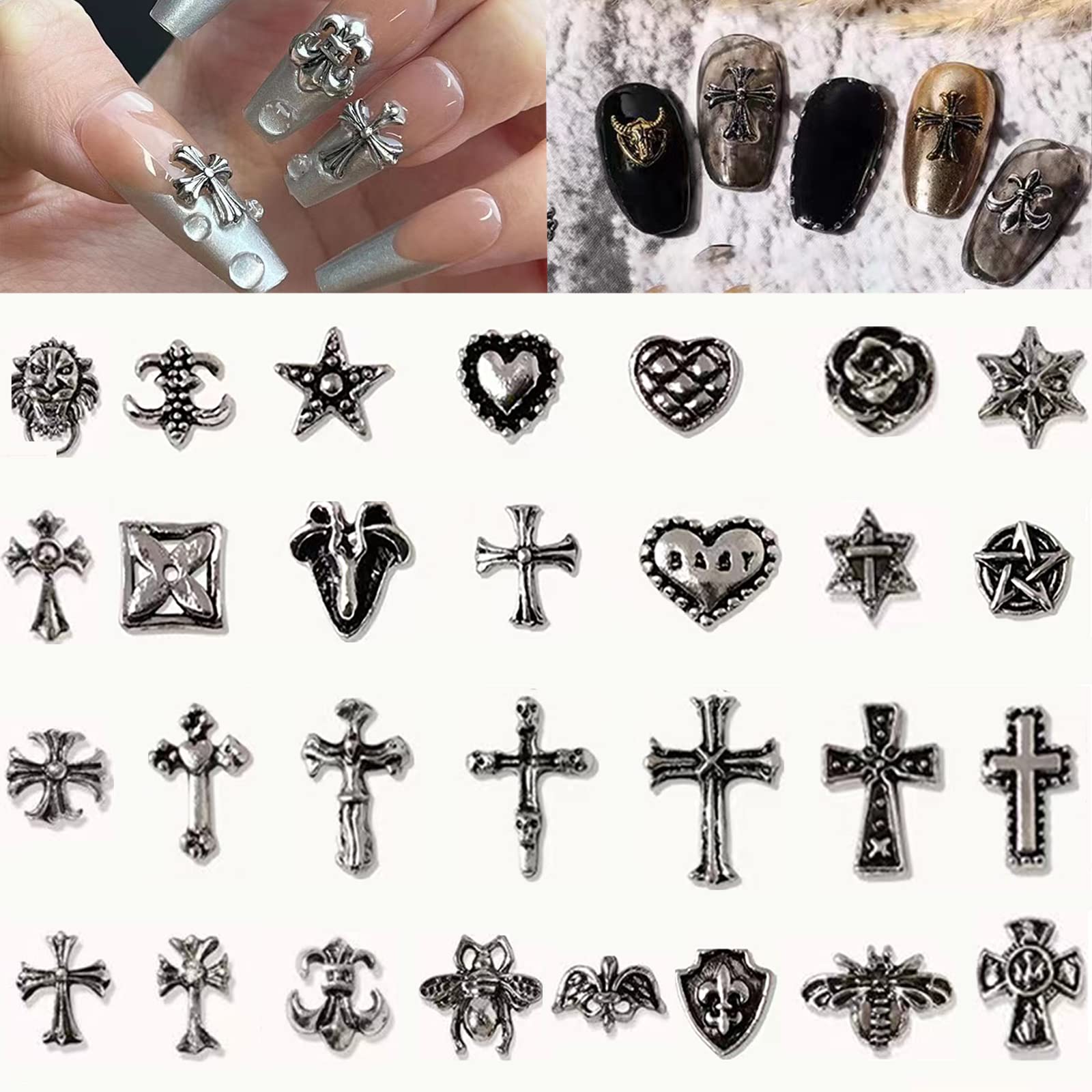 Daily Charme Nail Art Nail Charms Set Metallic Silver Chrome Crosses Icons