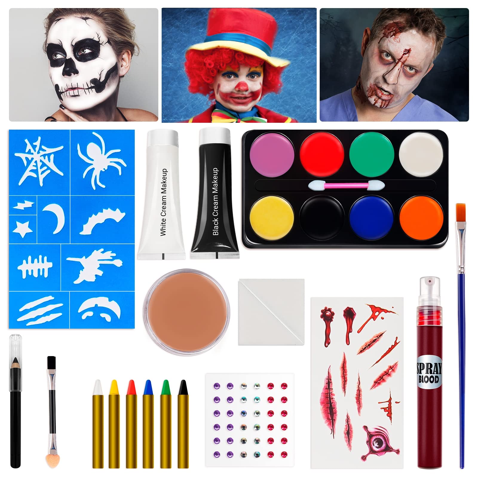 Halloween Makeup Kit for Adults Kids - Zombie Skeleton Vampire Clown Witch  SFX Makeup kit, Black White