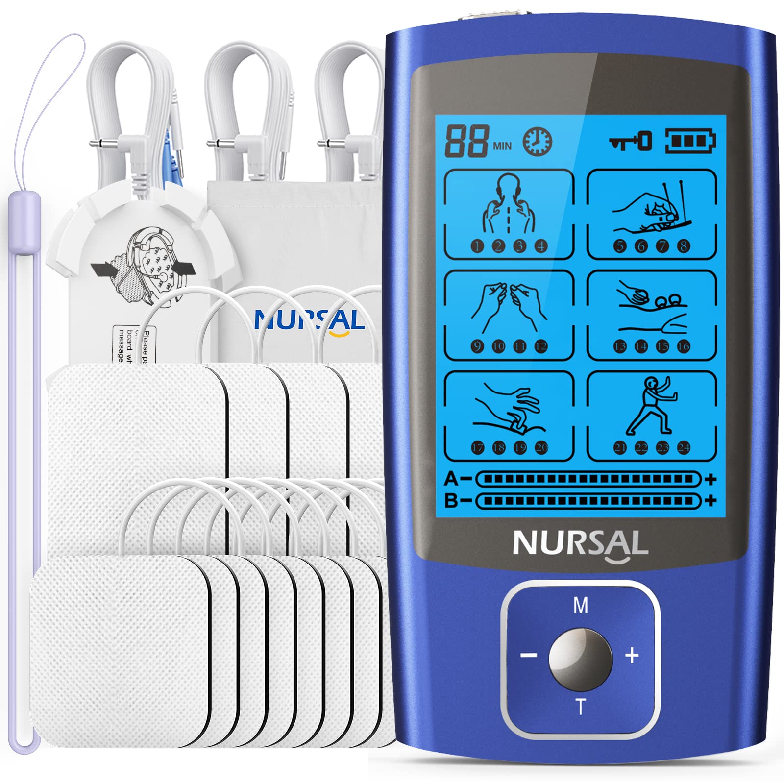 NURSAL TENS EMS Unit Muscle Stimulator for Pain Relief Therapy, Electric 24  Modes Dual Channel TENS Machine Pulse Massager with 12 Pcs Electrode  Pads/Continuous Stable Mode/Memory Function Blue