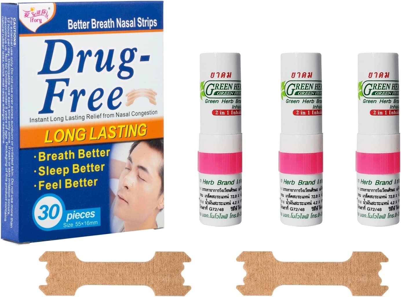 ifory Stuffy Nose Relief Kit 3 Count Nasal Inhalers and 30 Count Nasal Strips Quick Relief for