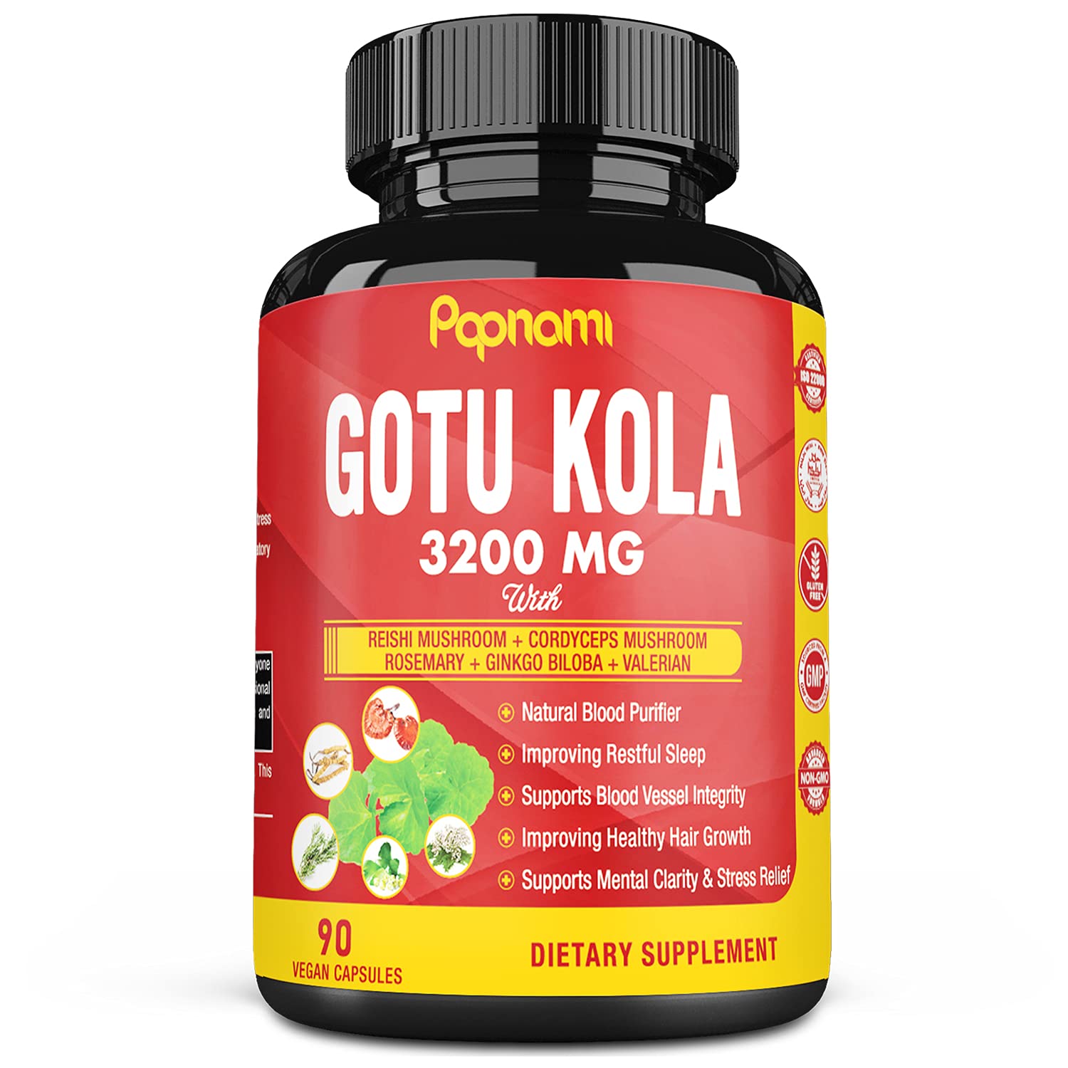Organic Gotu Kola Extract Capsules Equivalent to 3200MG & Reishi,  Cordyceps, Rosemary, Gingko Biloba, Valerian Powder