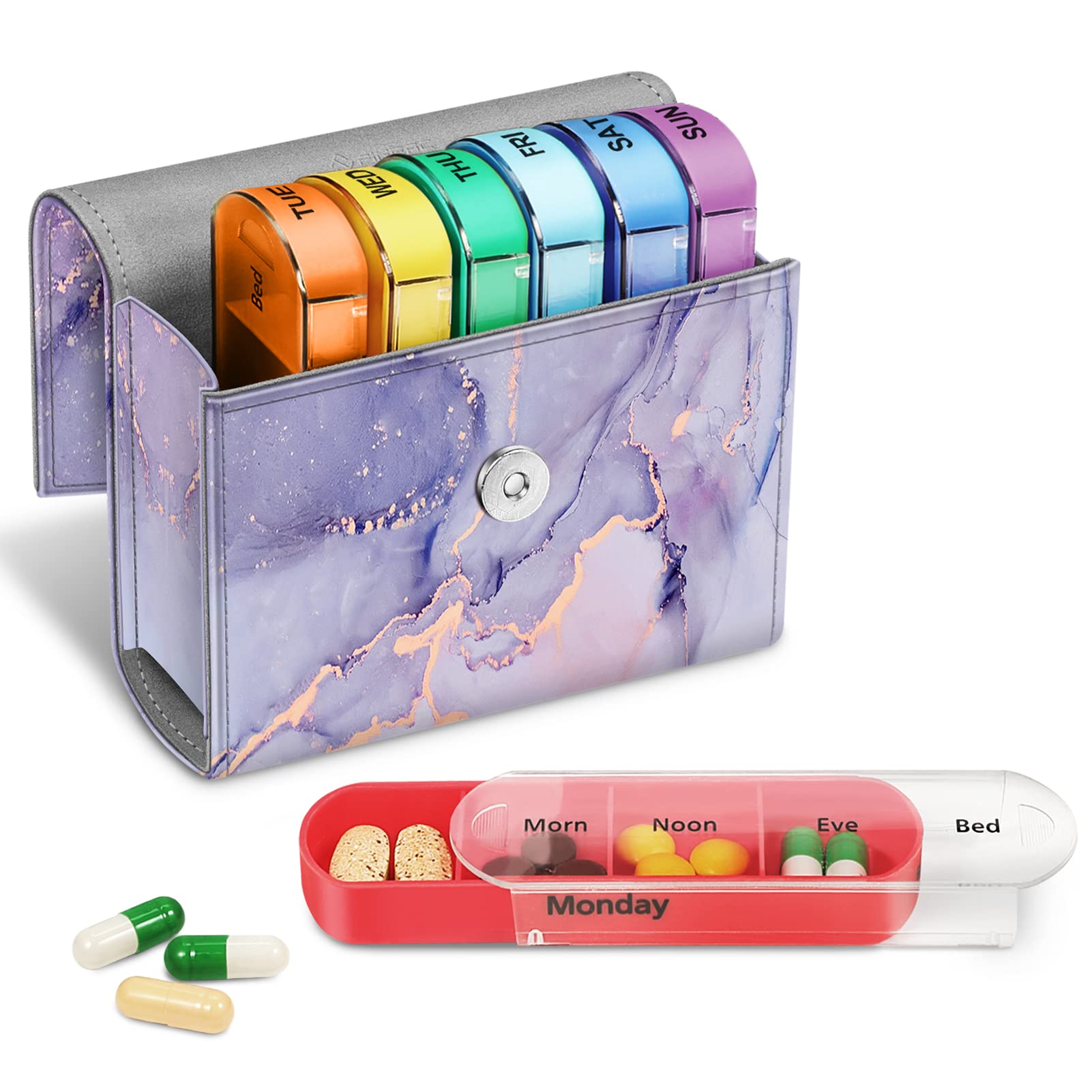 FINPAC Weekly Pill Organizers 4 Times A Day, Slide Open PU Leather