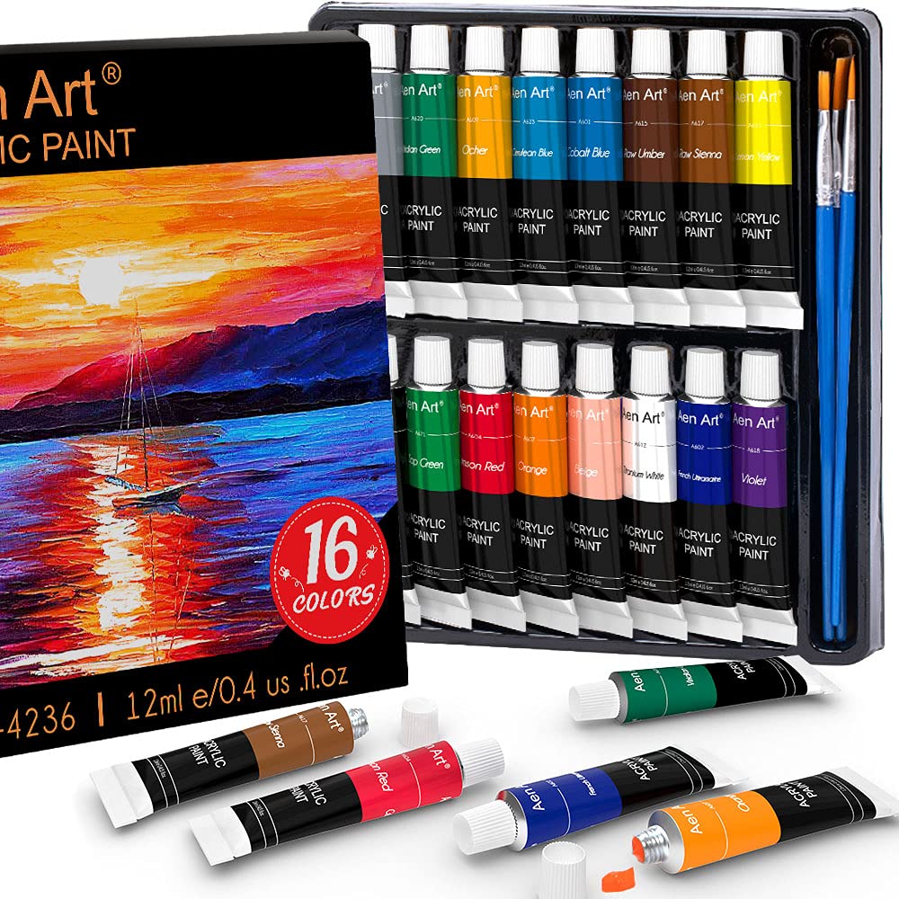 Aen Art Acrylic Paint Set 16 Colors Painting Supplies for Canvas Wood  Fabric Ceramic Crafts Non