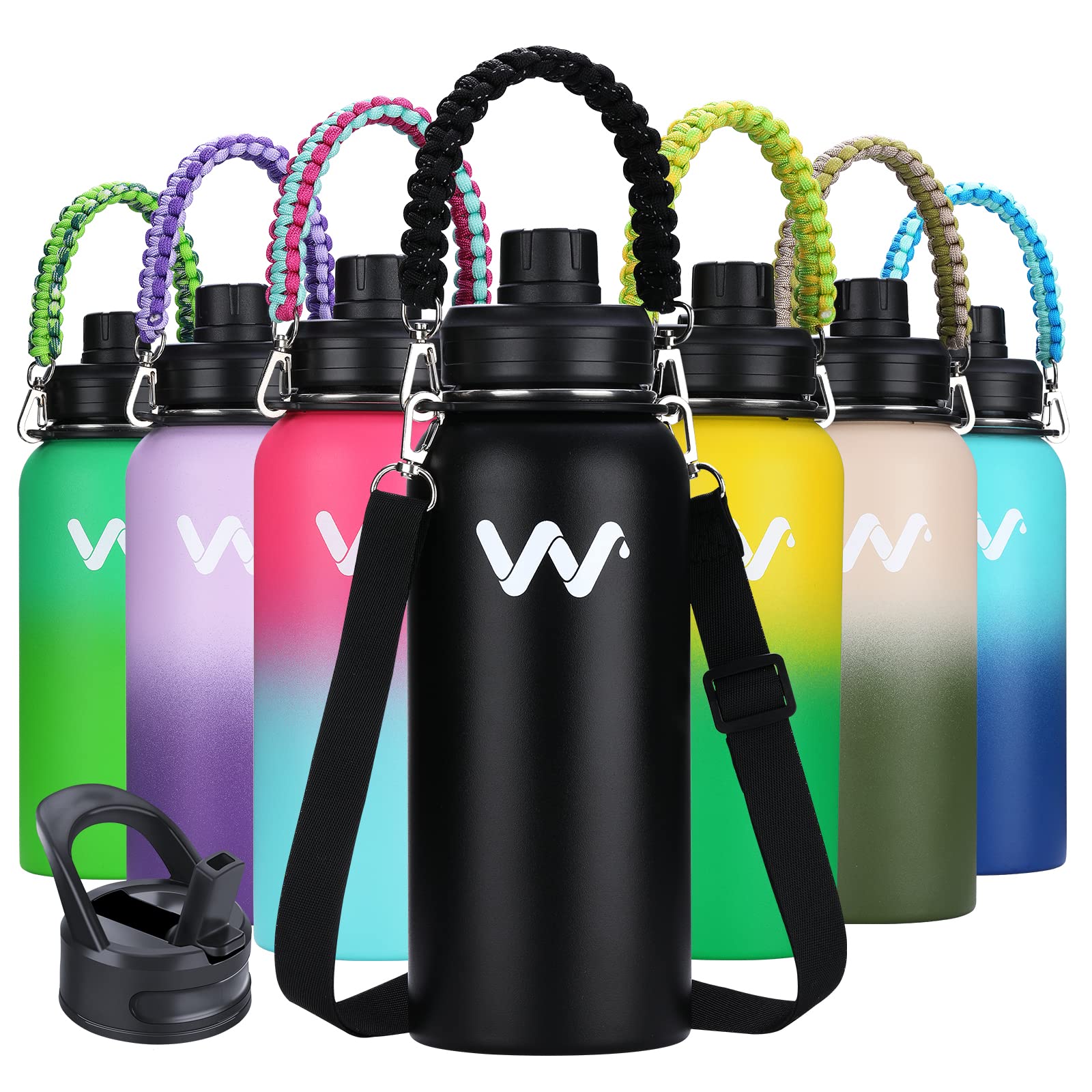 40oz Collapsible Water Bottle with Straw Lids & Paracord Handle