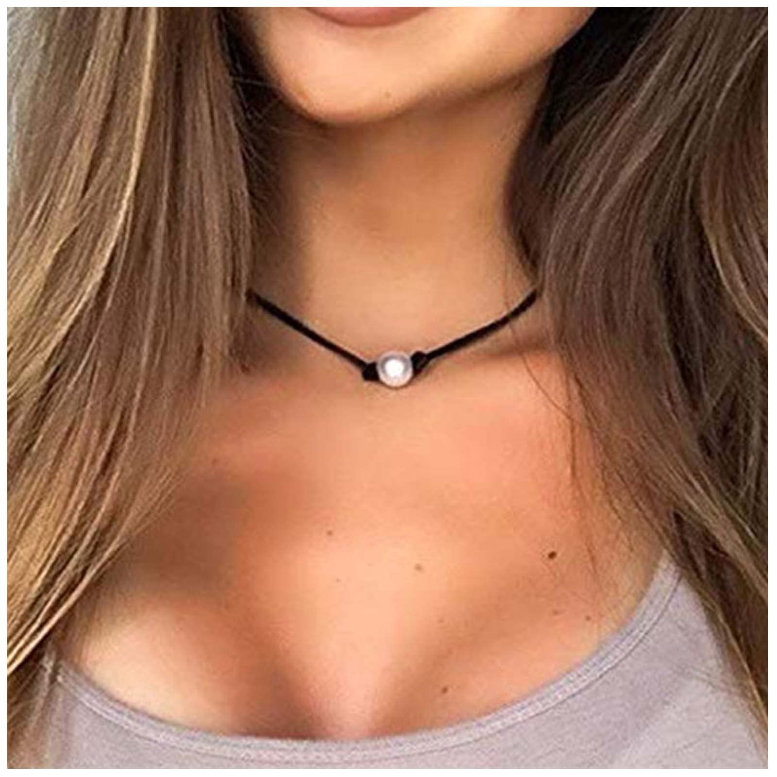 Yheakne Boho Pearl Suede Choker Necklace Black Leather Cord Necklace  Floating Pearl Necklace Minimalist Leather Collar Necklace Chain Jewelry  for Women and Girls Gifts