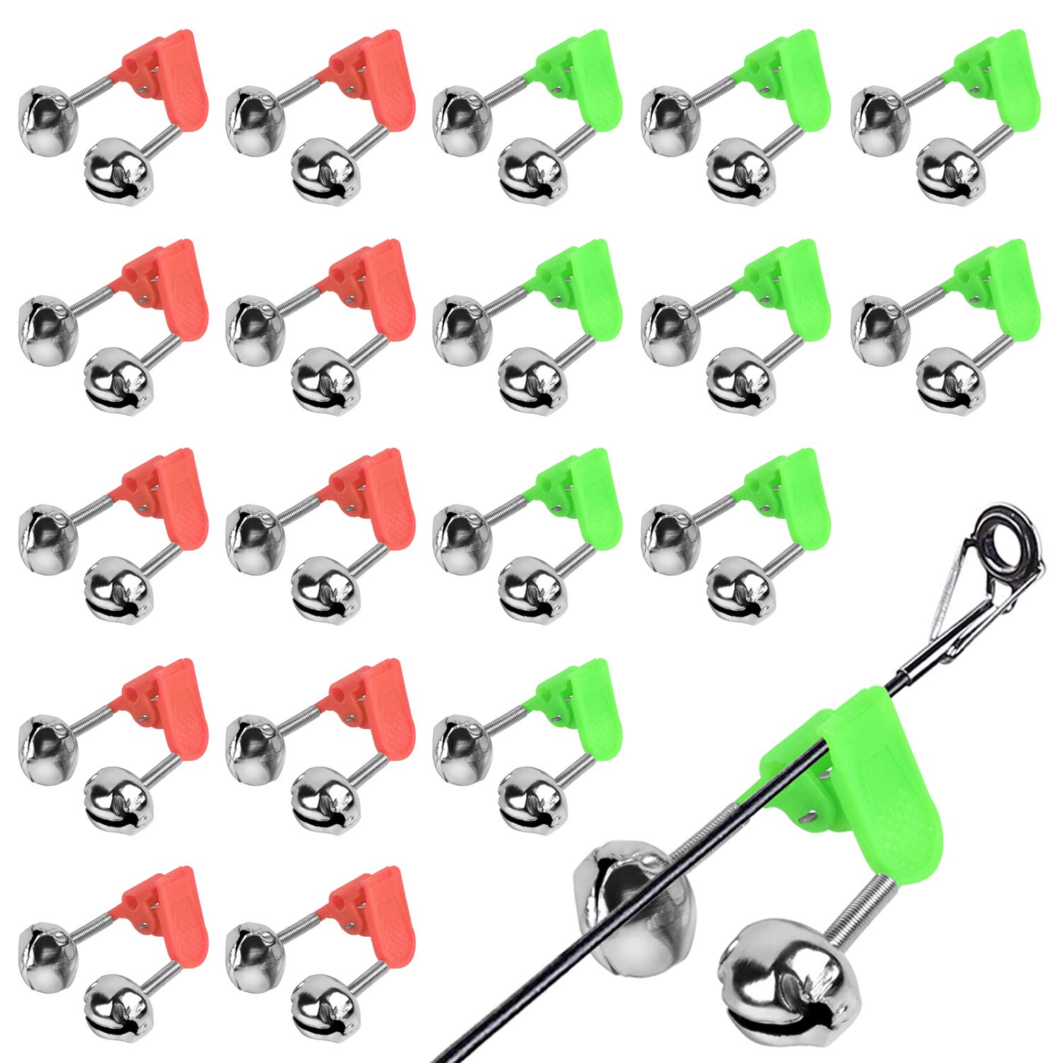 Benvo 20 Pcs Fishing Rod Alarm Loud Dual Alert Bells Fishing Bells Clips  for Fish Strike