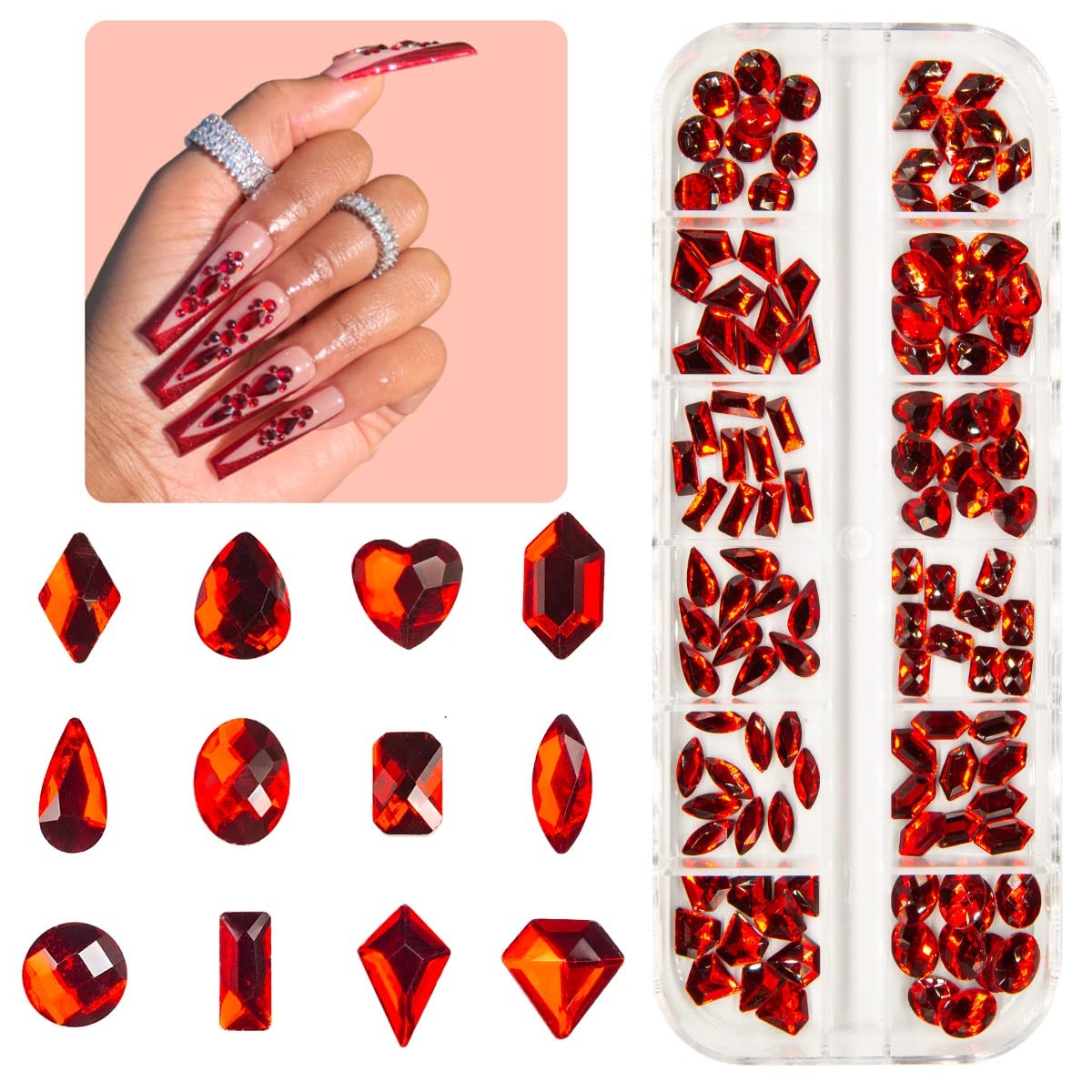 qiipii 120Pcs Red Rhinestones Nail Charms 12 Shapes Crystal