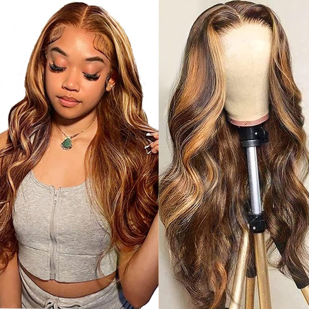 Glueless Hd Lace Wig Dark Brown with Blonde Highlights Body Wave