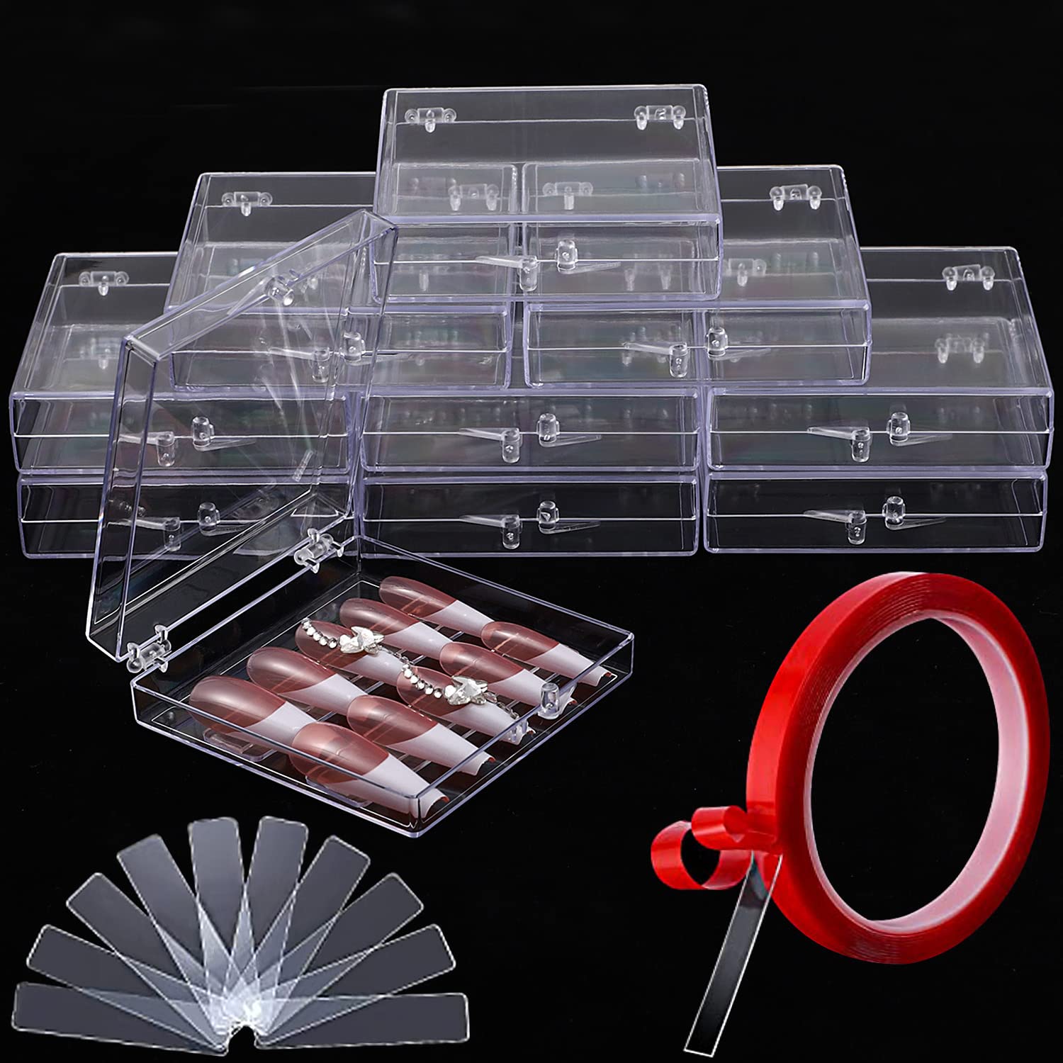 Noverlife 10PCS Press On Nail Storage Box 2.6x2.6 inch / 6.5x6.5cm Clear  Empty Plastic Nail Tips Storage Box with Arcylic Nail Display Sticks Nail  Glue Double Sided Tape for Press on False
