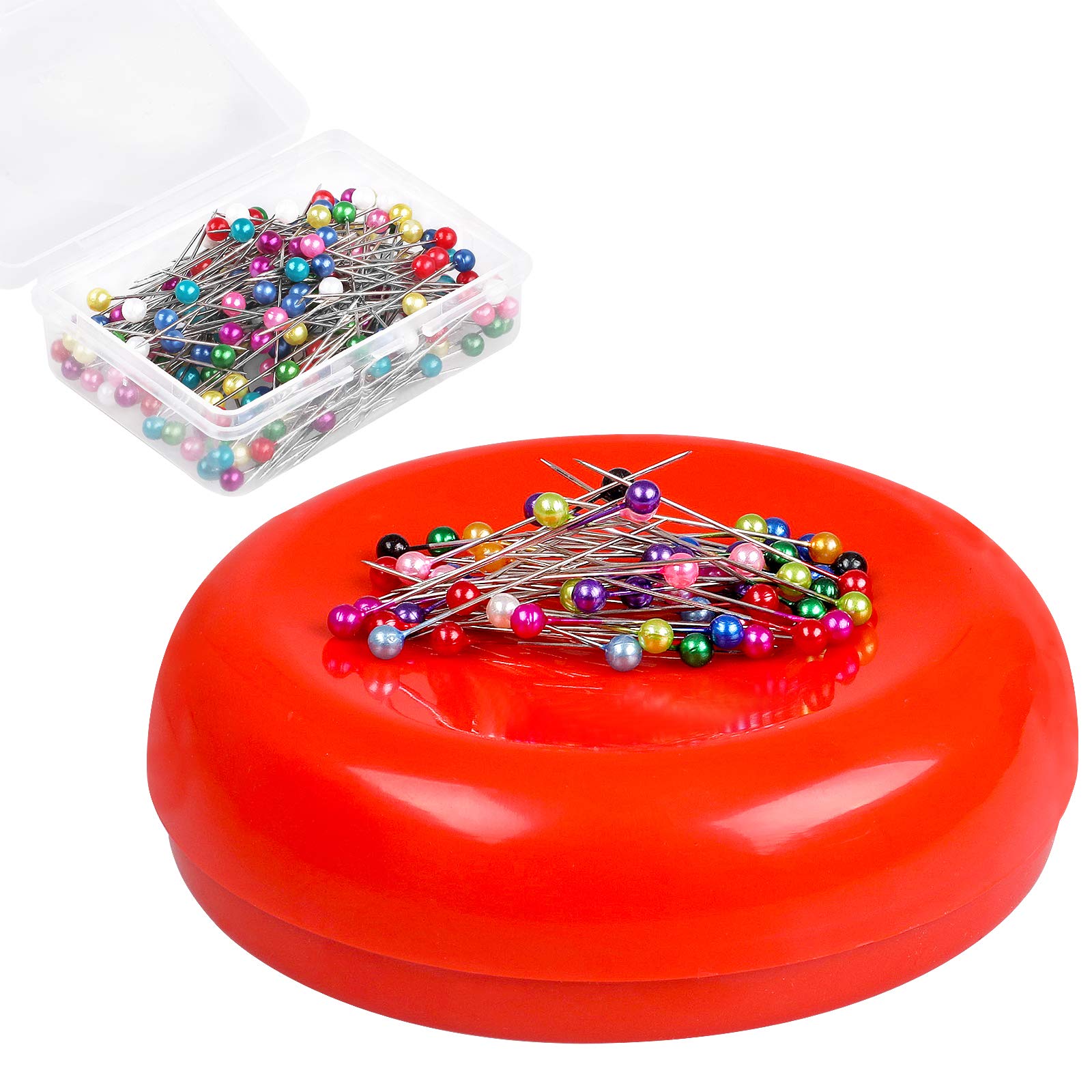 Magnetic Pin Cushion with 200 PCS Sewing Pins Round Plastic Magnetic Sewing  Cushion Magnetic Pin Holder for Sewing Needles Push Pins Hair Bobby Pins  (Red)