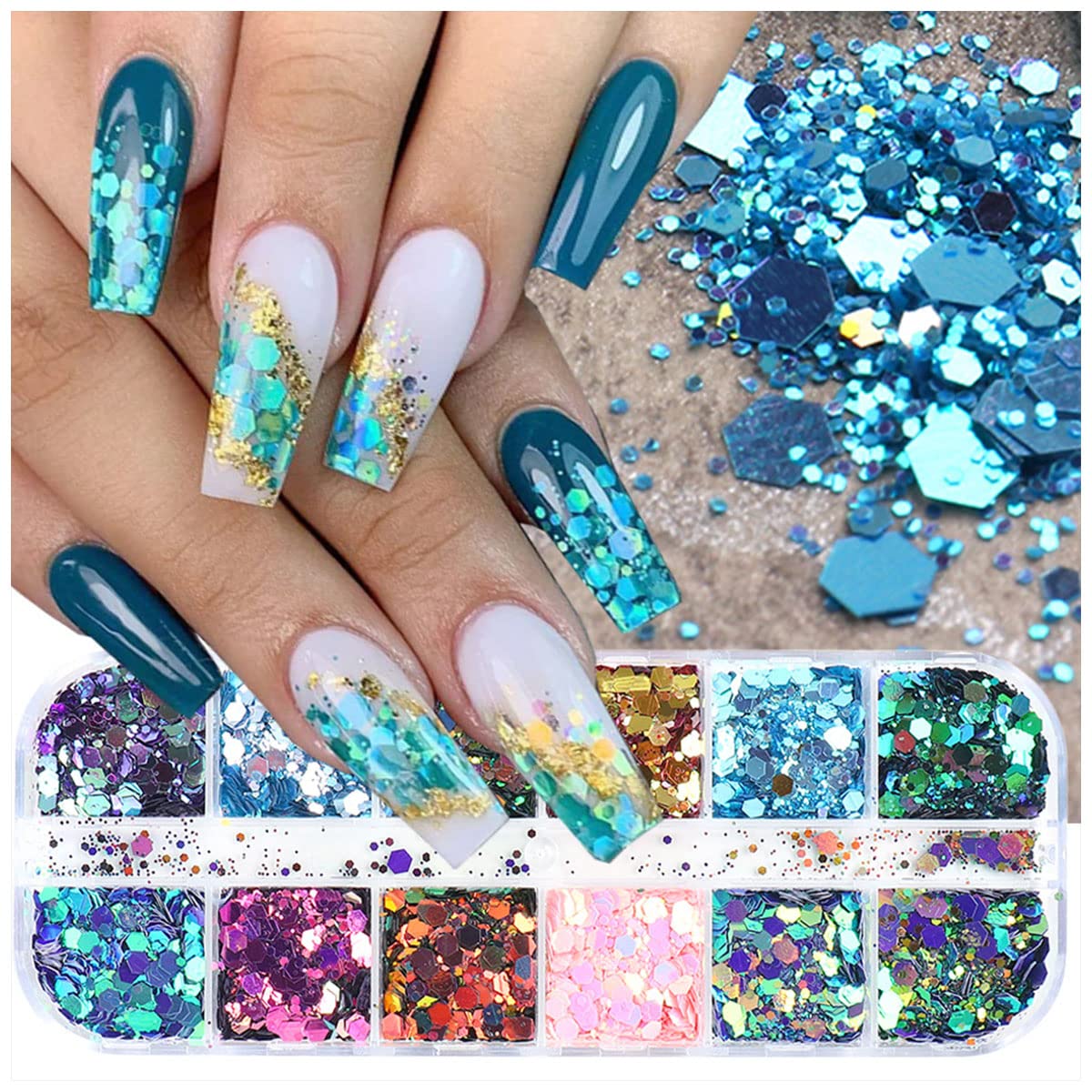 12 Grids Holographic Nail Art Glitter Flakes Hexagon Nail Glitter