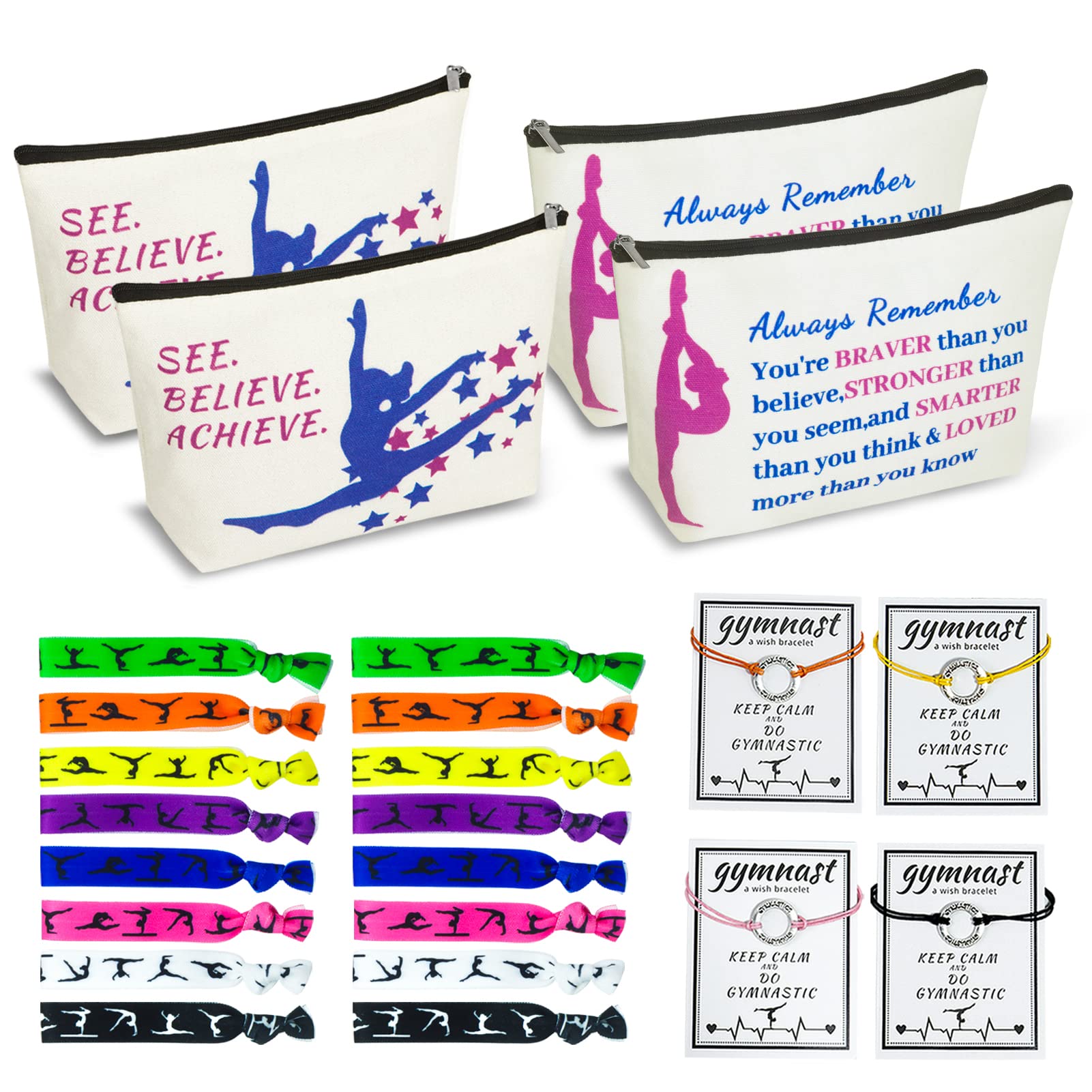 BEDSIFV 24Pcs Gymnastics Gifts for Girls, 4 Gymnastics Makeup Bags, Canvas,  16 Gymnastics Hair Ties, 4