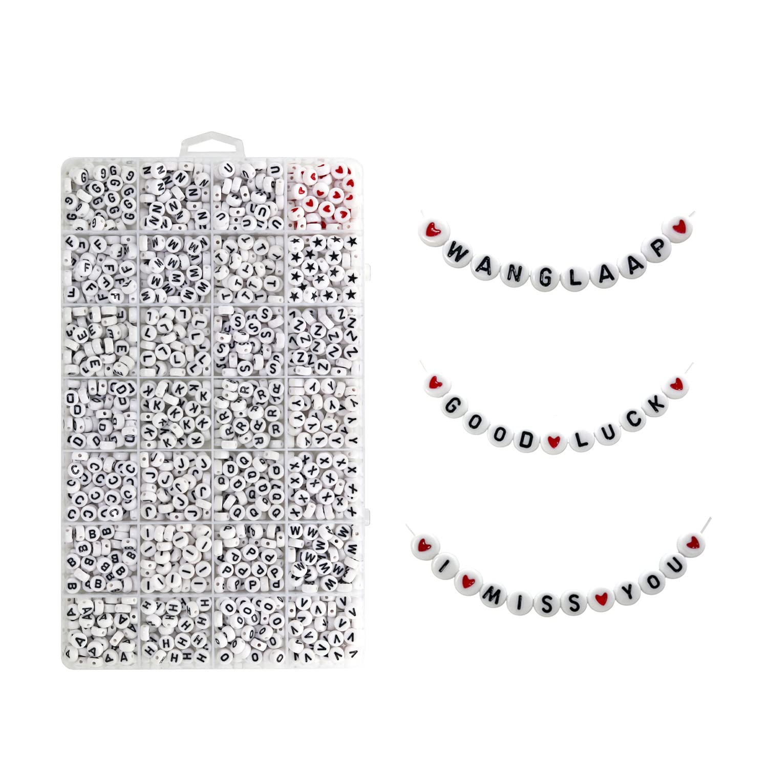  WangLaap 1450Pcs Letter Beads, Acrylic 4x7mm Round Letter Beads  Kits, Alphabet Beads A-Z and Red Heart Black Star Beads for Bracelets  Necklaces DIY Jewelry Making (White)