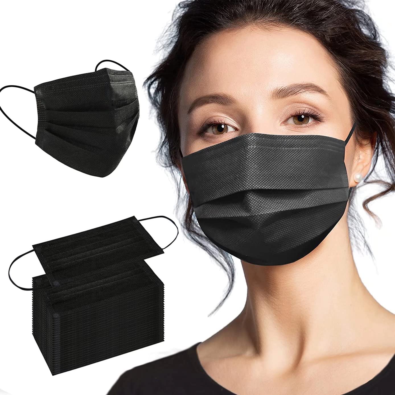 Face Mask 100PCS Adult Black Disposable Masks 3-Layer Filter