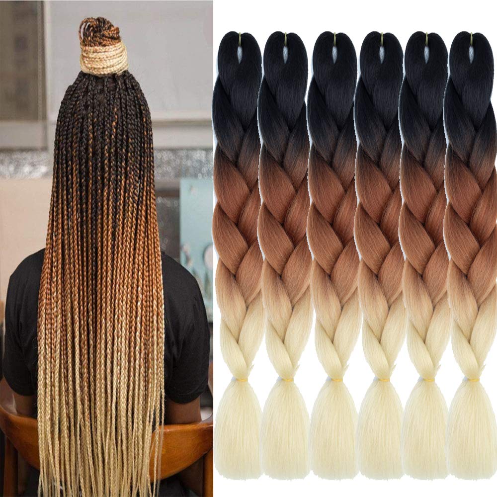 SHUOHAN 6 Packs Ombre Jumbo Braiding Hair Extensions 24 Inch High  Temperature Synthetic Fiber Hair Extensions for Box Braids Braiding  Hair(Black to Brown to Beige)