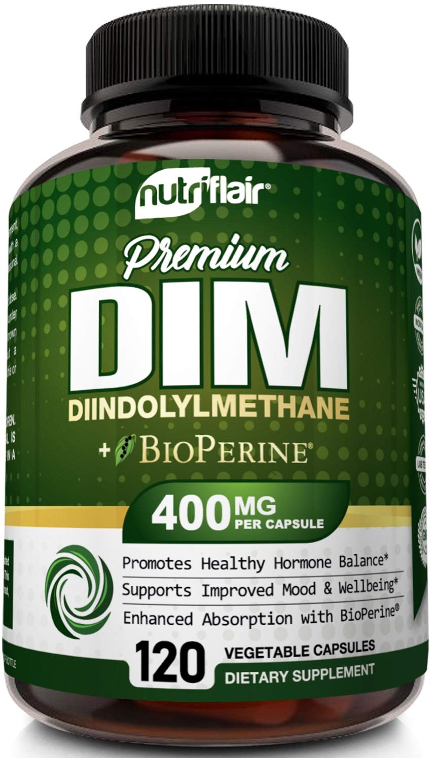 NutriFlair DIM Supplement 400mg with Bioperine, 120 Capsules -  Diindolylmethane - Estrogen Metabolism Support & Hormone Balance,  Menopause, PCOS, Acne and Skin Care for Men & Women - Compare to 300mg