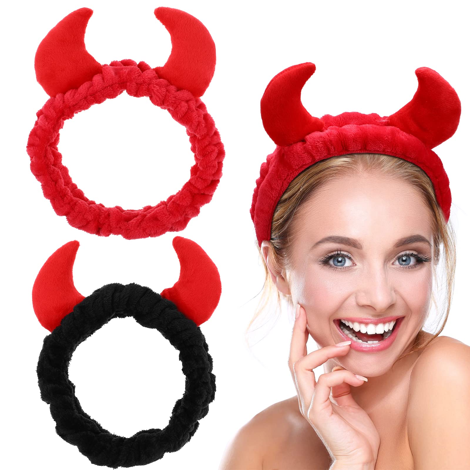 Beaupretty 2 Pack Spa Headband for Women Devil Horns Facial Headband Face  Wash Headband Makeup Cosmetic Shower Soft Hair Band (Black Red) Black Red