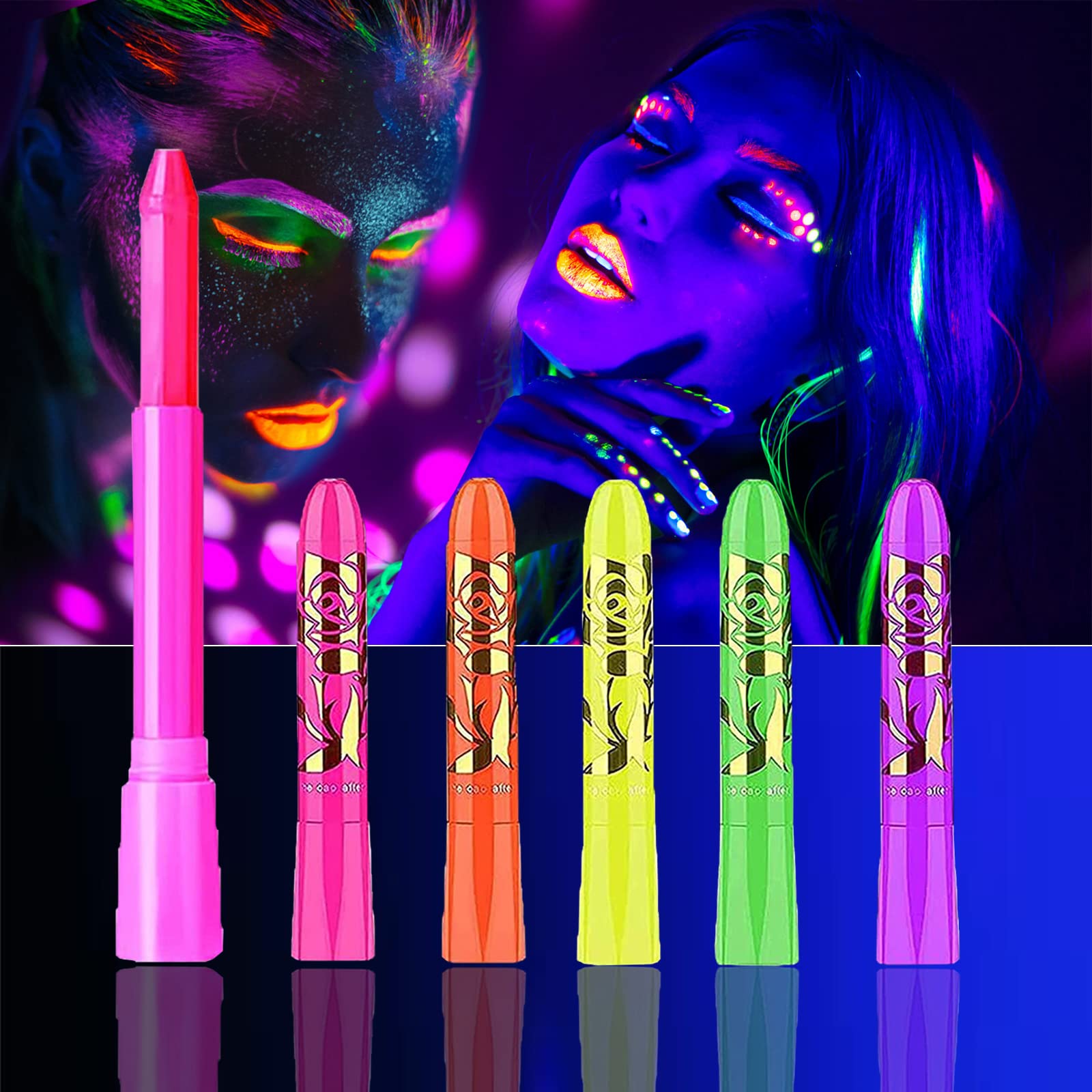 Glow in The Black Light UV Face Paint Crayon, Black Light Neon Face & Body  Paint Non Toxic Fluorescent Mardi Gras Halloween Makeup Marker for Kids