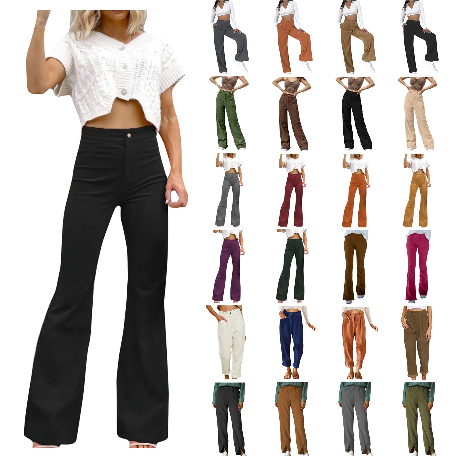 Corduroy Flared Pants for Women High Waist Bell Bottom Trousers Vintage Y2k  Wide Leg Trousers Streetwear with Pockets X-Large Flared Corduroy Pants  Women - 01black