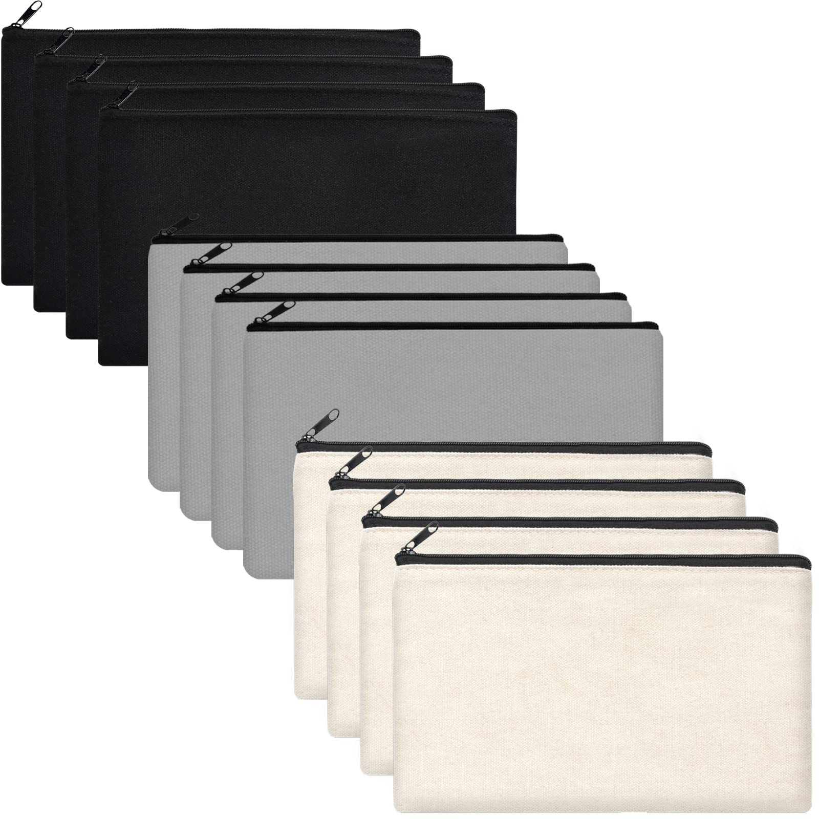 ZeeDix 12 Pieces Canvas Pencil Pouch Bulk- 8.3 x 5 inches Blank DIY Craft Bag  Canvas Zipper Bags Pen Case Multipurpose Cosmetic Bag Canvas Makeup Bag  Travel Toiletry Bag for Storage(Black+Grey+Beige) 12pcs