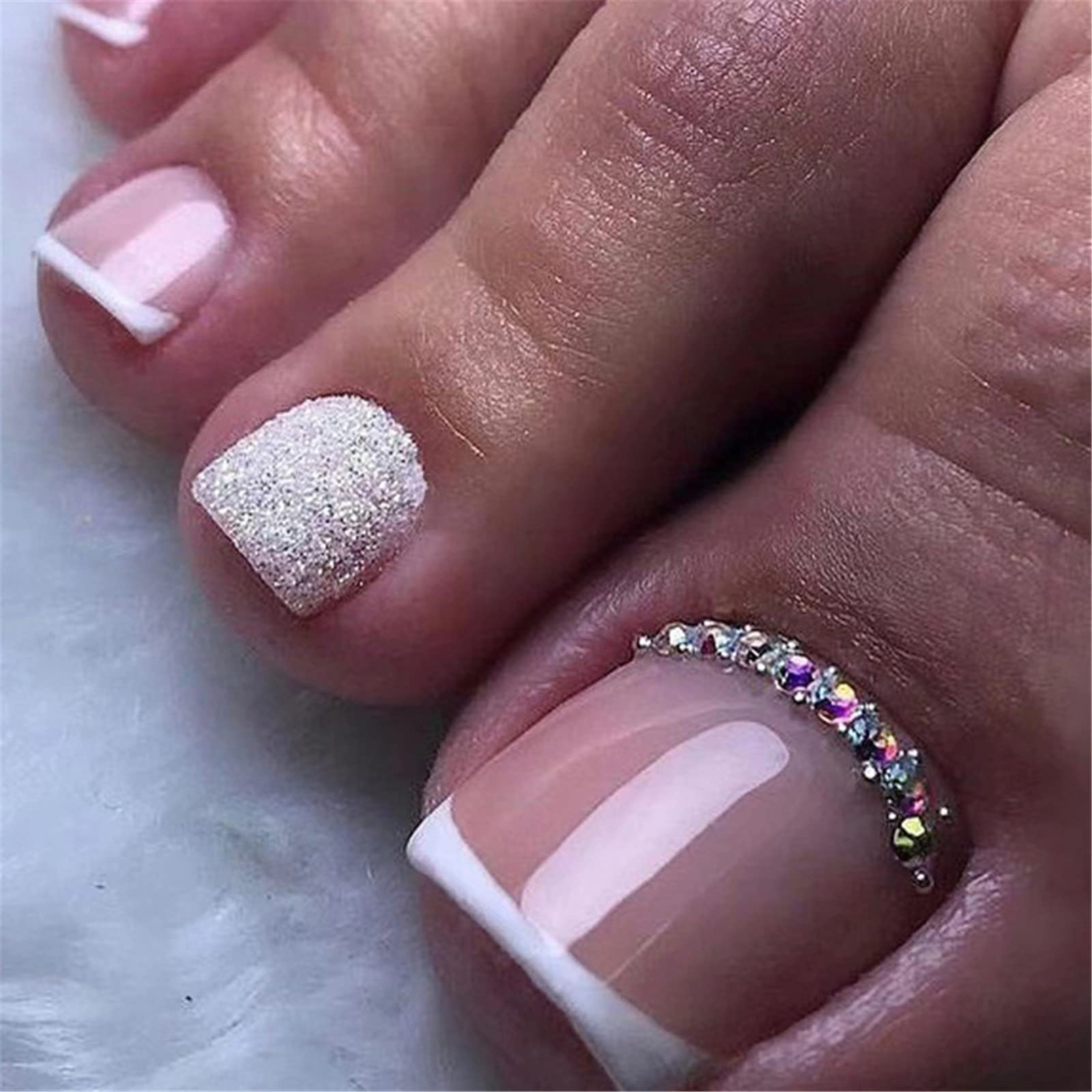 24 Pcs Long Press on Nails Pink Square French Fake Nails Full Cover Bling  False Rhinestone Nails Design for Women and Girls