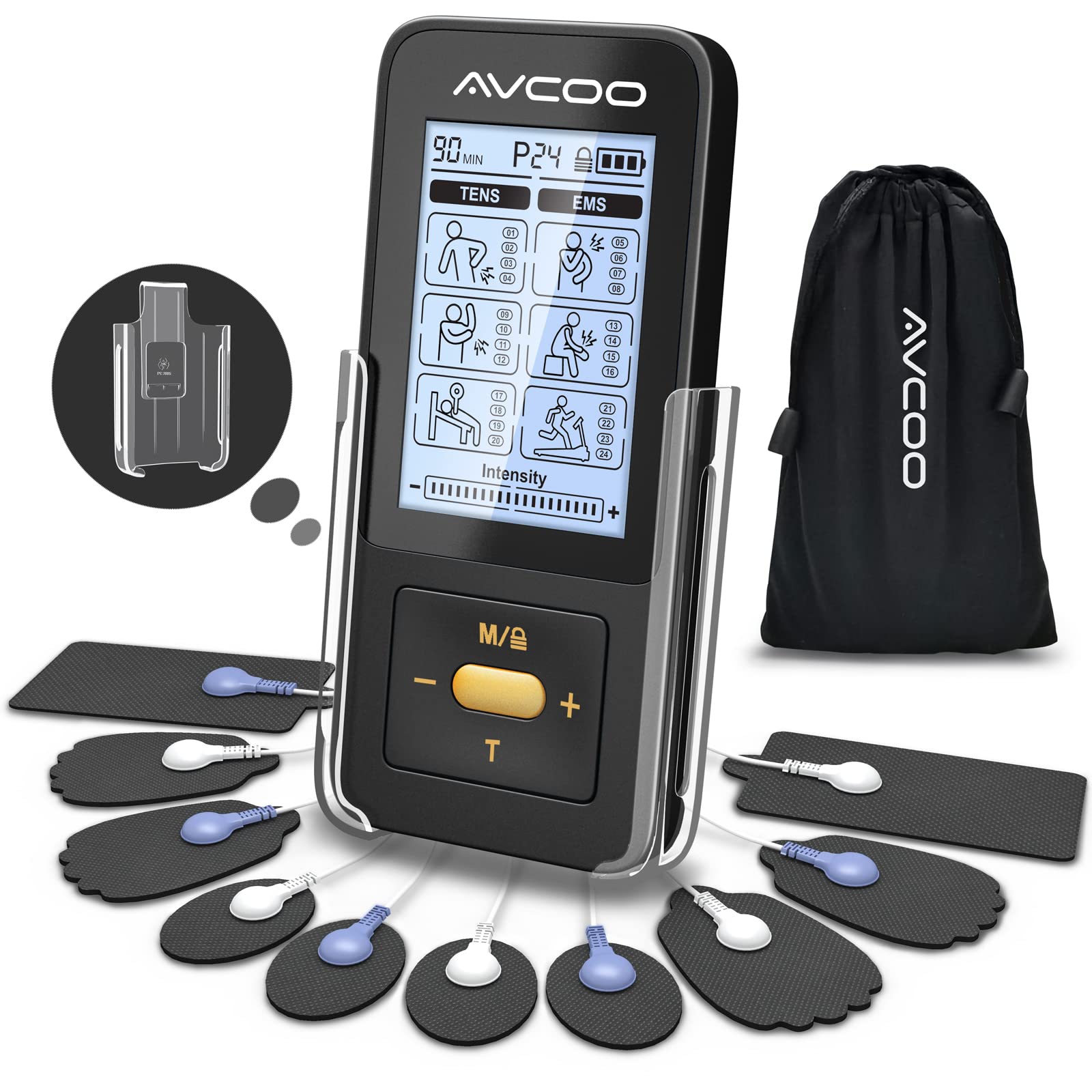 AVCOO 4 Channel TENS EMS Unit 24 Modes Muscle Stimulator for Pain Relief  Therapy, Rechargeable Electronic Pulse Massager Machine with 12 Pads,  Dust-Proof Bag, Fastening Cable Ties.