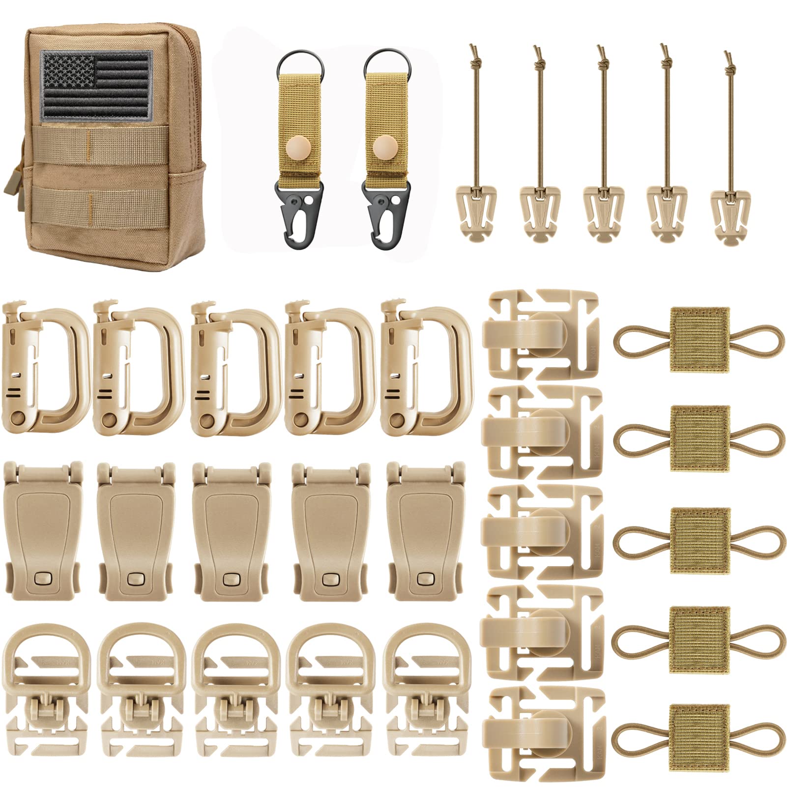 FRTKK Molle Accessories Kit of 34 Attachments for Tactical Backpack Belt  Vest D-Ring Locking Gear Clip for 1 Webbing Strap Tan