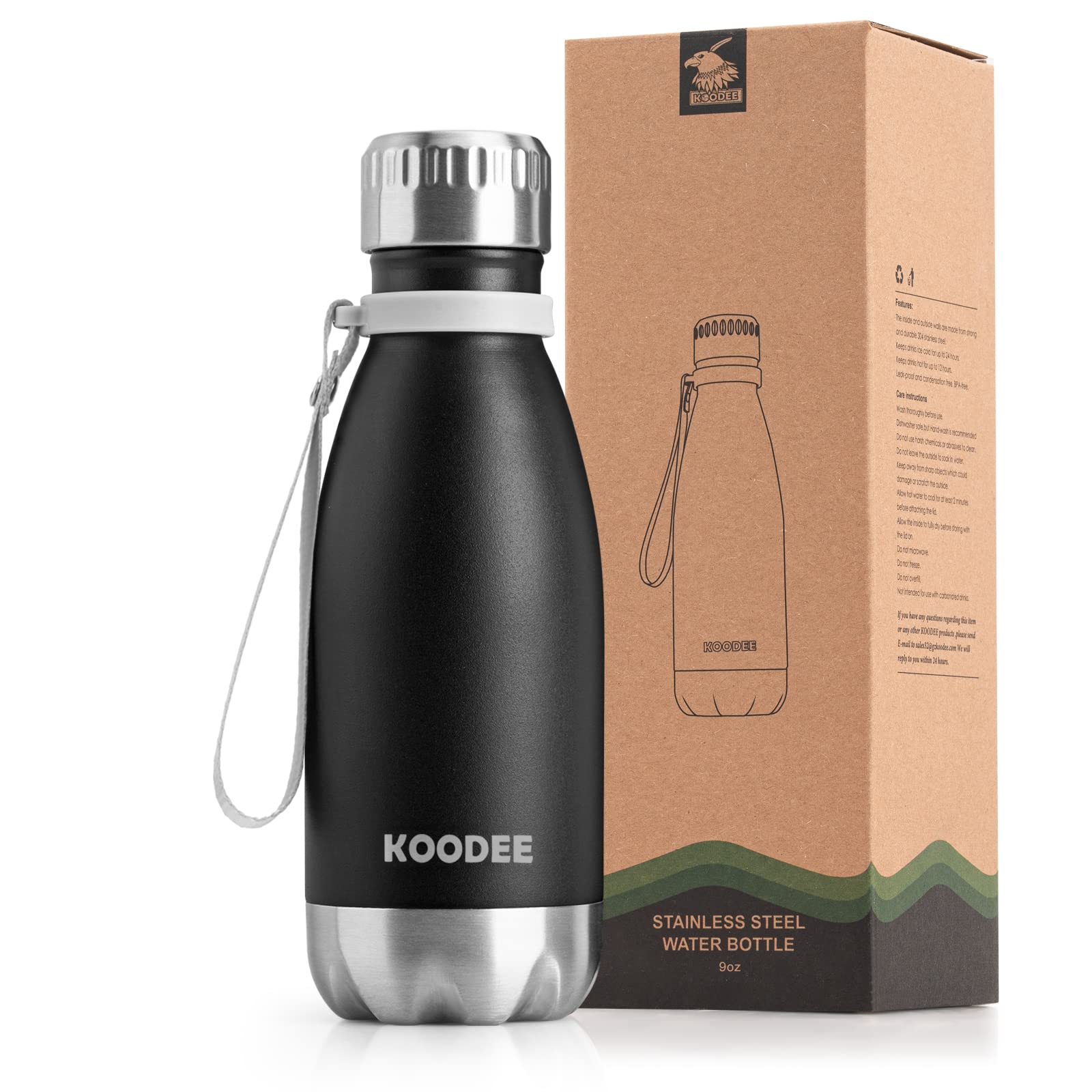 koodee Small Water Bottle 9 oz Stainless Steel Double Wall Vacuum Insulated  Water Bottle Leak Proof for Kids (Black) 9 oz Matte Black