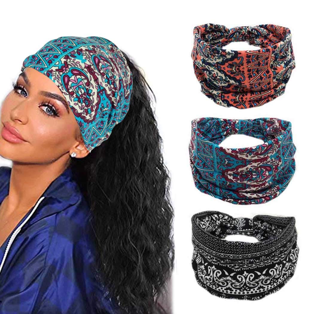 Efdagsad Boho Headband Women Wide Hair Band Boho Elastic Sports Headwear  Yoga Hair Band Workout Headwrap