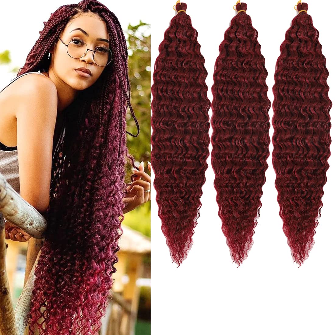 HENSLEELY 18 inch Ocean Wave Crochet Hair Deep Wave Twist Crochet Hair  Extensions Curly Braiding Hair 3 packs Long Wavy Water Wave Braids For  Women Synthetic Crochet Braid Hair (18 inch Burgundy) 18 Inch Burgundy