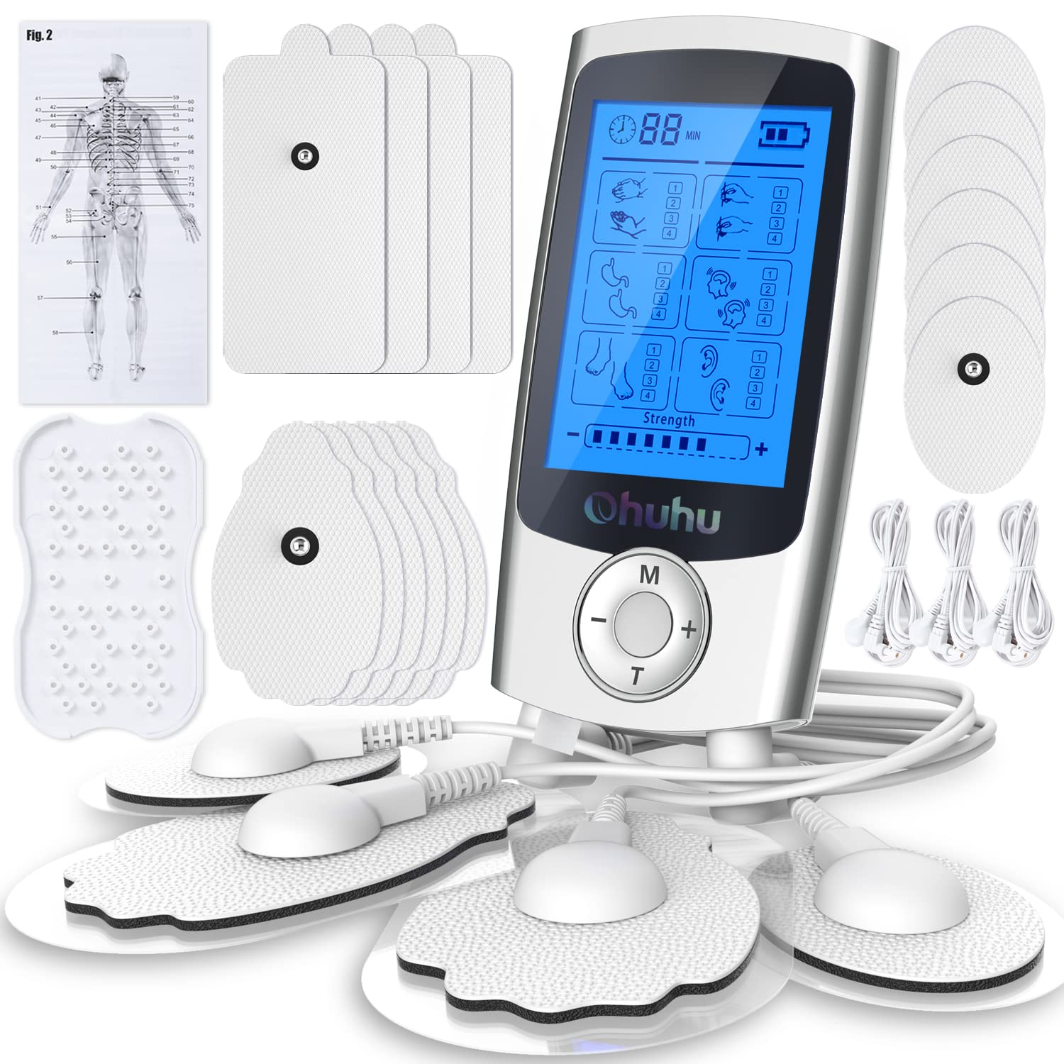 Ohuhu Tens Unit Muscle Stimulator: 24 Modes Rechargeable Tens Stimulator  Machine - 16 Pads Electric Ems Unit Massager for Back Shoulder Legs Pain  Relief Mother Father's Day Gift - Silver