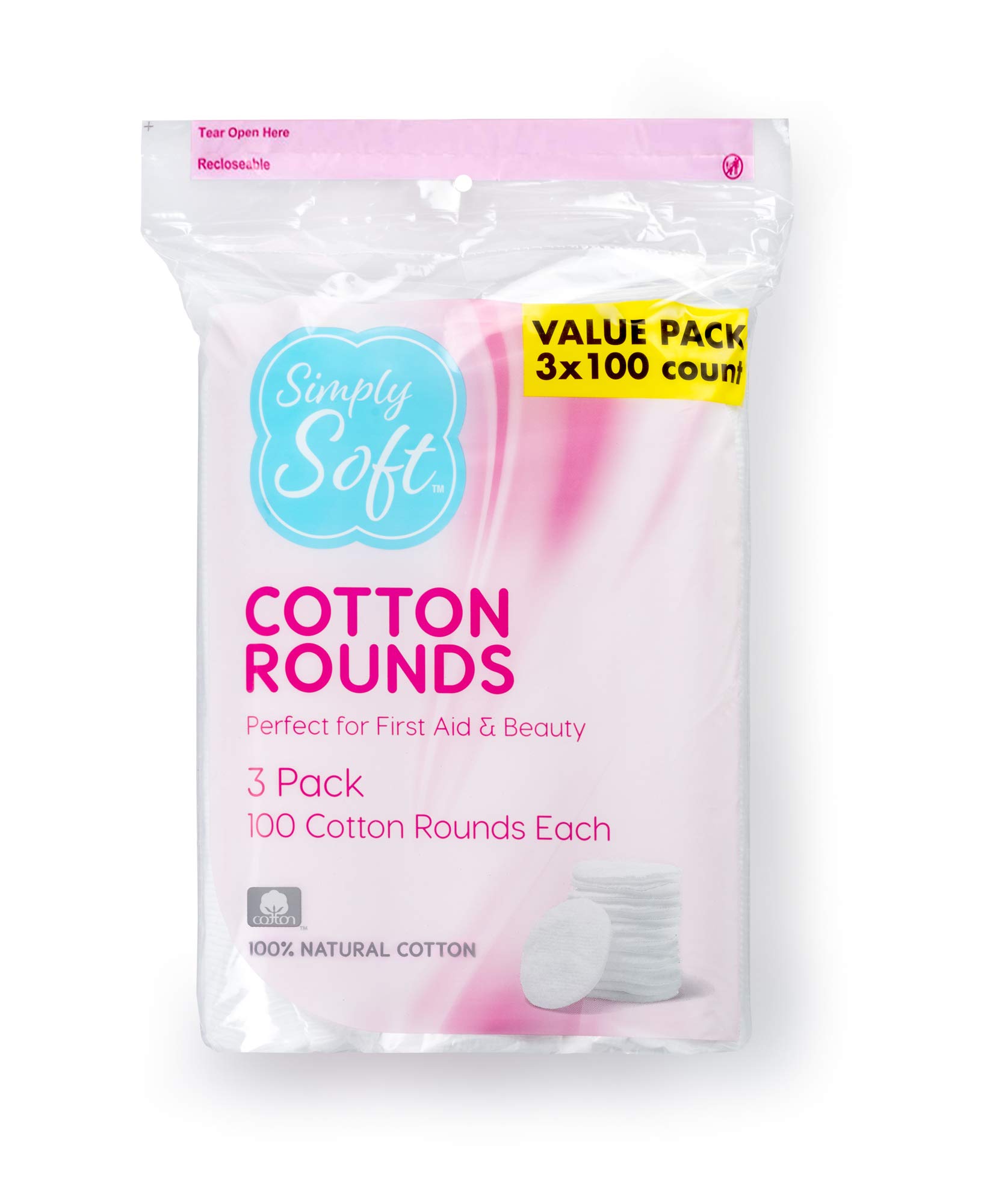 Simply Soft Cotton Rounds, 100% Cotton, Absorbent and Textured Cotton Pads  are Lint Free, 100 Count (Pack of 3)