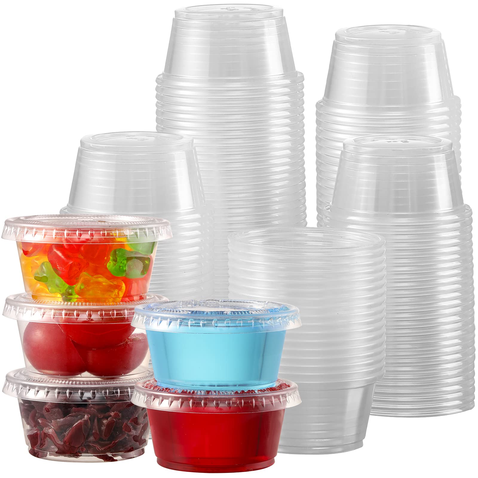 DuraHome Plastic Portion Cups with Lids 2 oz. Pack of 150 Leakproof Jello  Shot Cup Mini Containers for Salad Dressing Sauce Condiment Snack Souffle