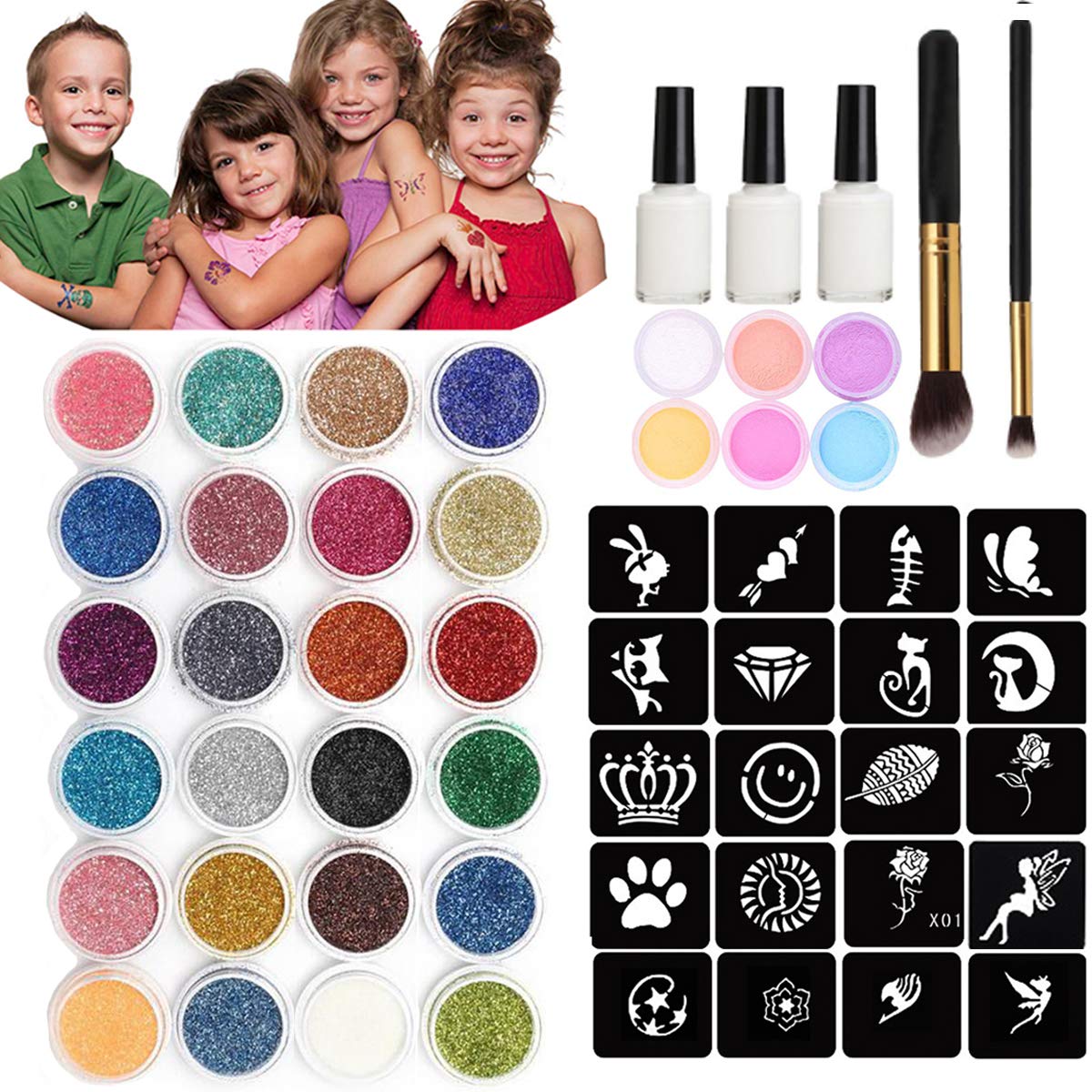  ROUQIUYA Temporary Glitter Tattoo Kids 48 Colors, 209 Unique  Stencils, 4 Glue, 5 Brushes, Body Nail Arts Glitter Makeup Kit, Gifts for  Girls Boys Adults Birthday Party Christmas Festival : Beauty & Personal Care