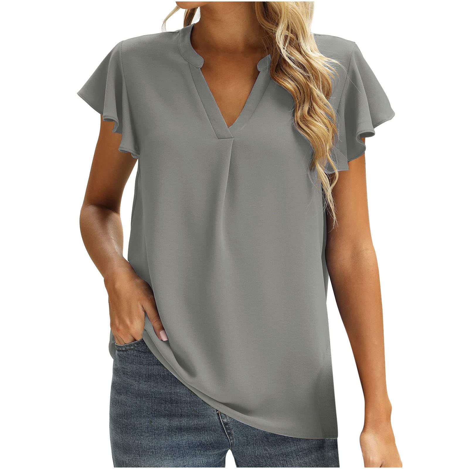 Women's Ruffle Short Sleeve Tops V Neck T-Shirts Solid Color