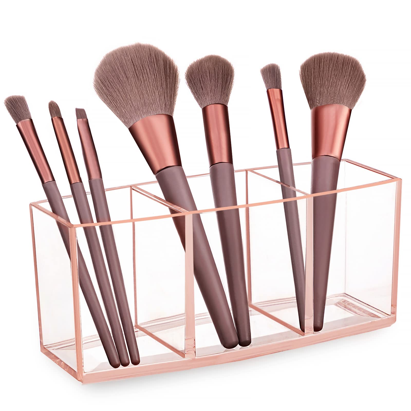 HBlife Clear Acrylic Makeup Brush Holders, 3-Compartment Vanity Organizer  Stand and Desk Storage for Lipstick