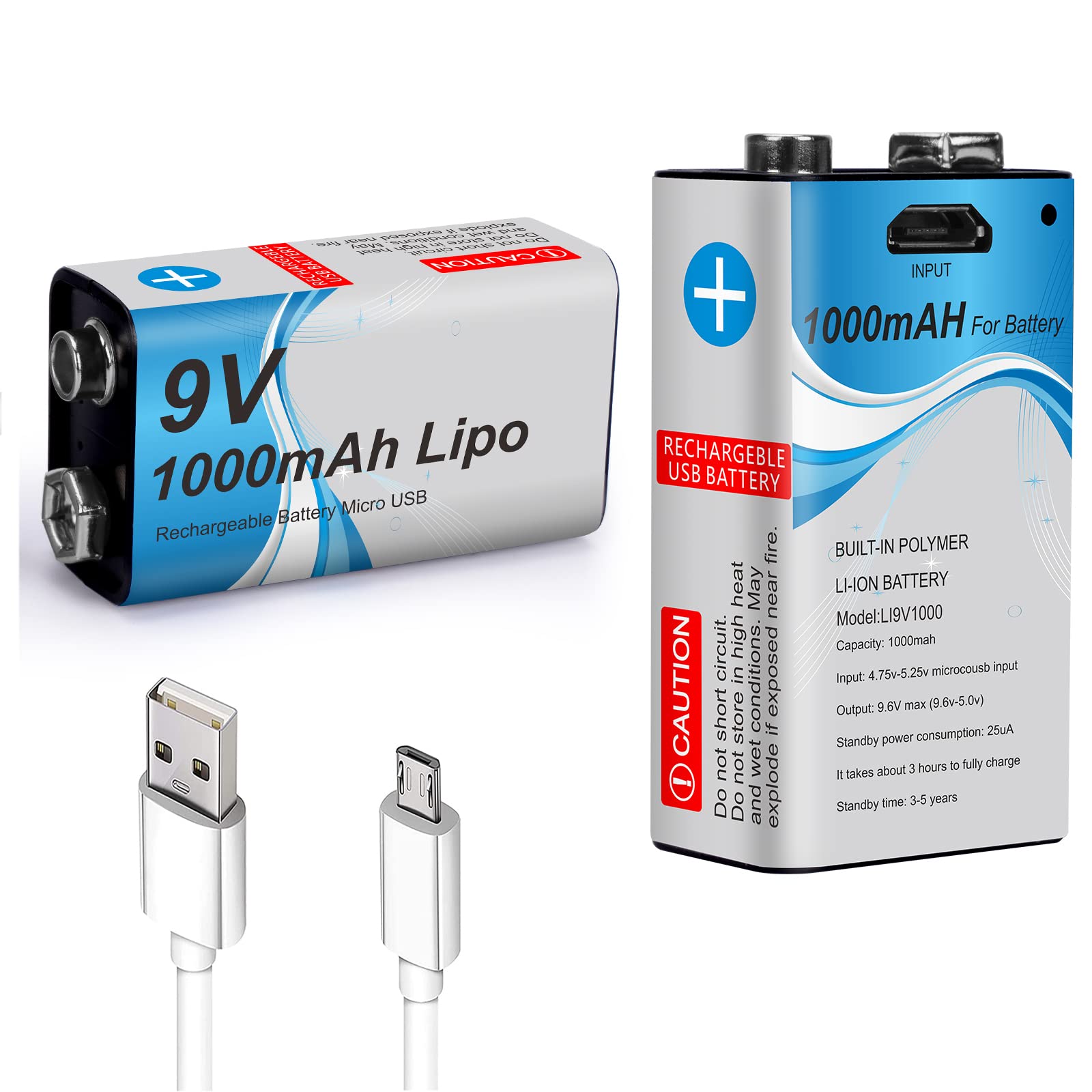9 Volt Rechargeable Lithium Battery 1000mAh Capacity,USB Quick
