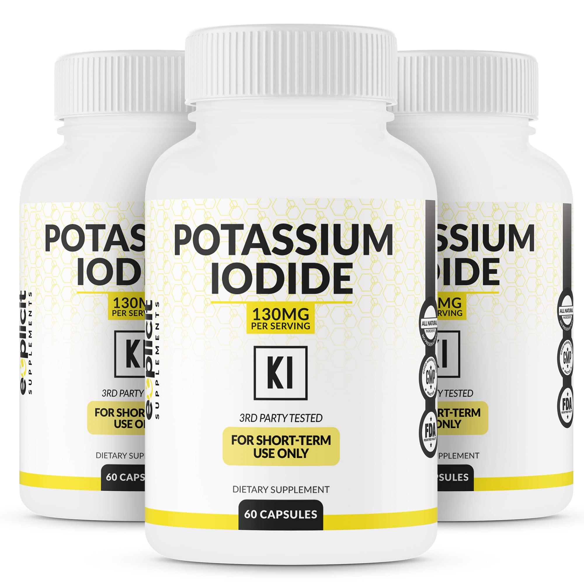 (3 Pack) Potassium Iodide Capsules 130mg Dose 90 Servings Thyroid