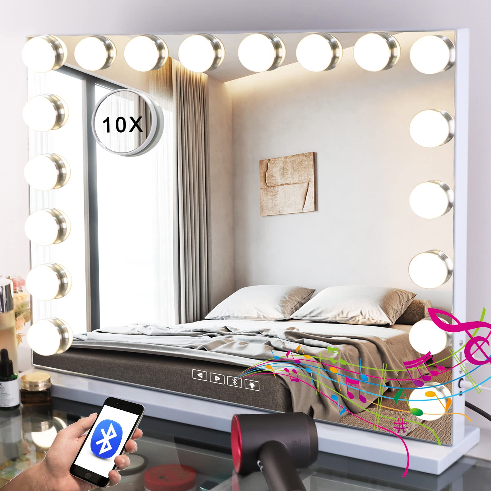 Fenair Vanity Mirror with Lights and Bluetooth Hollywood Speaker Support  Answer Call, Touch Screen, 3 Color Modes Tabletop 15 Dimmable Bulbs