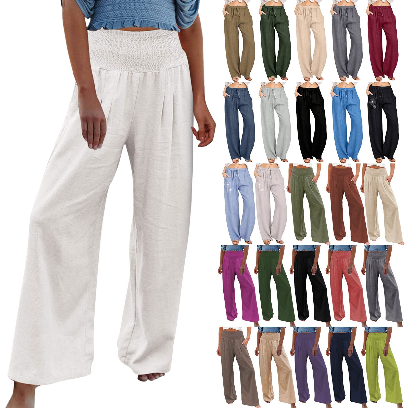 Women Plain Drawstring Capri Pants Elastic Waist Wide Leg Trousers Loose  Casual Bottoms