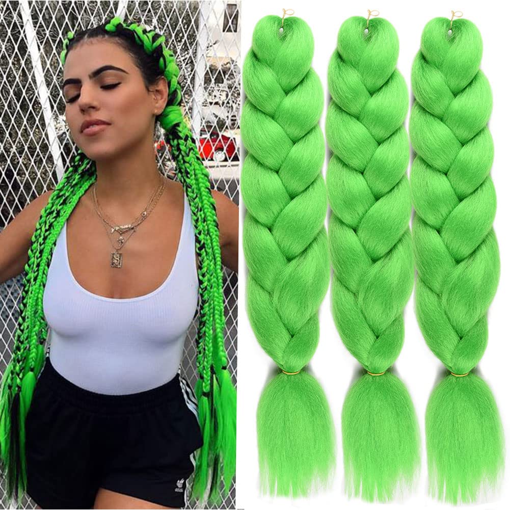 Green Braiding Hair Jumbo Braids Hair Extensions Colored Braid Hair  Synthetic Braid Hair Light Blue Braiding Hair for Braiding (24 Inch  3Pcs/Lot, Solid Green)