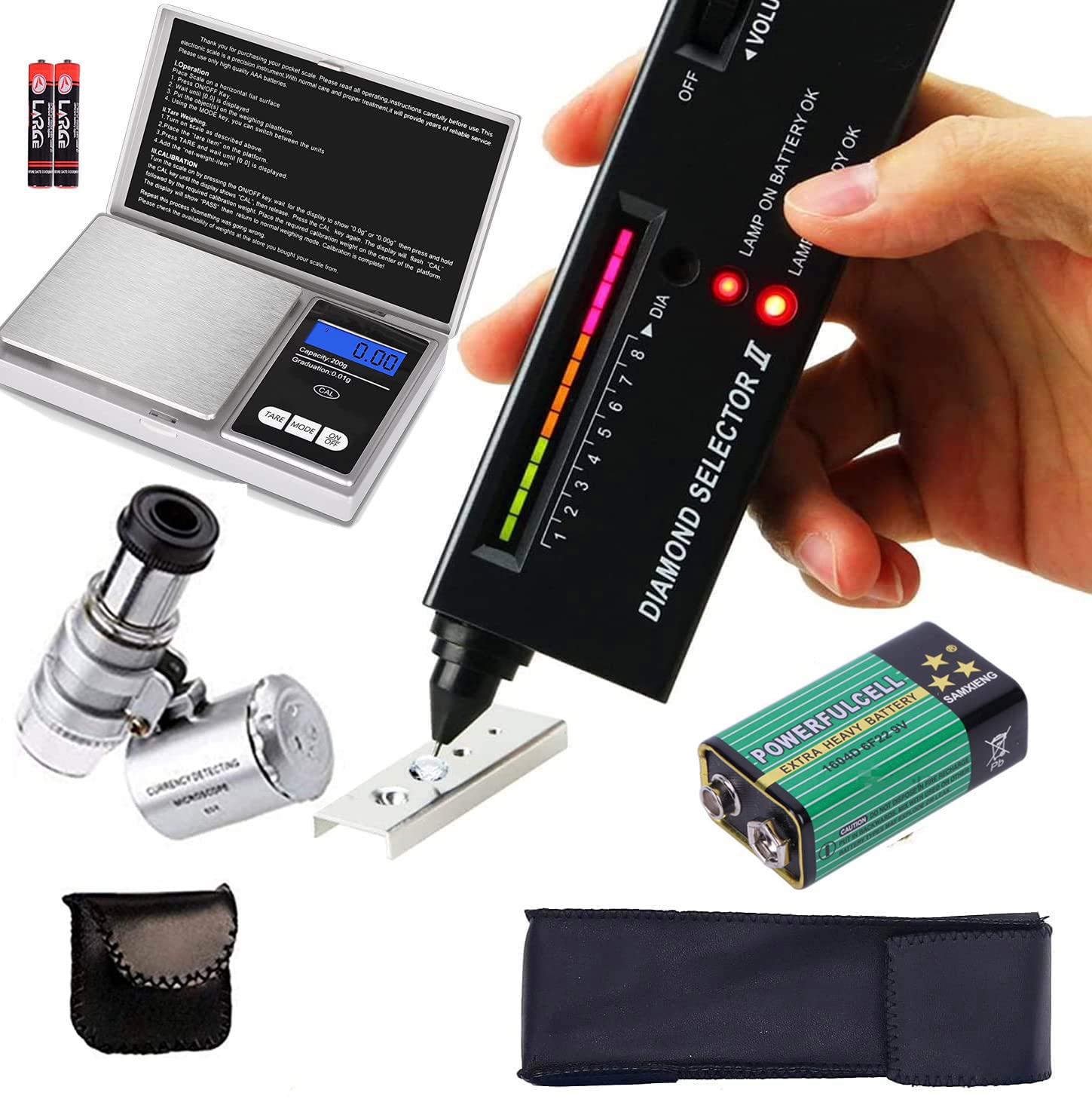 Diamond Tester Pen, High Accuracy Jewelry Diamond Tester+60X Mini LED Magnifying+ 20 Backup Batteries+1 Backup9V BatteryProfessional Diamond