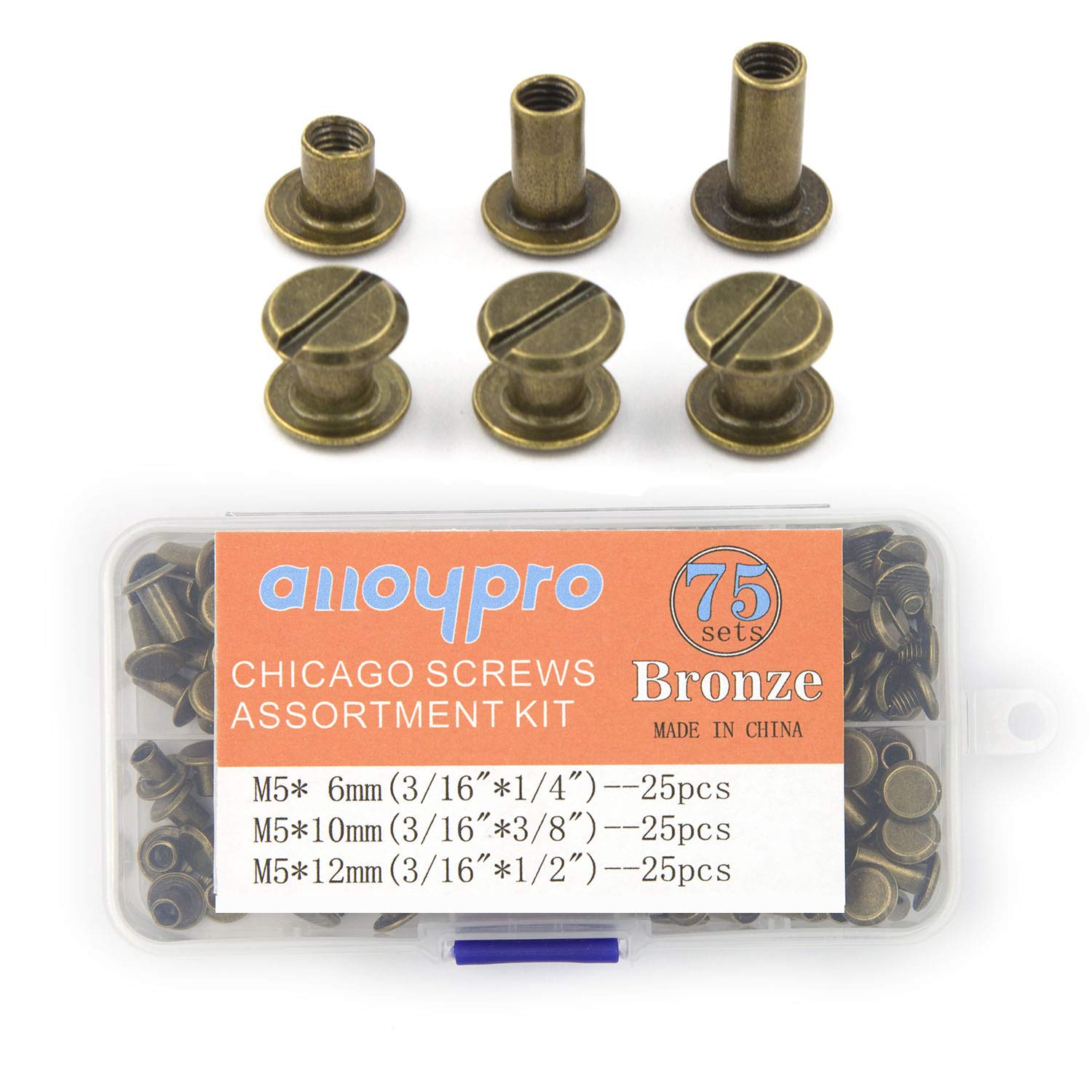 75 Sets Chicago Screws Assorted Kit 3 Sizes Bronze Leather Rivets 1/4 3/8  1/2 Screw Rivets Flat Fillister Book Binding Posts Nail Rivet Chicago Bolts  for DIY Leather Craft Bookbinding (5 x 6 10 12) Bronze 5x6 10 12